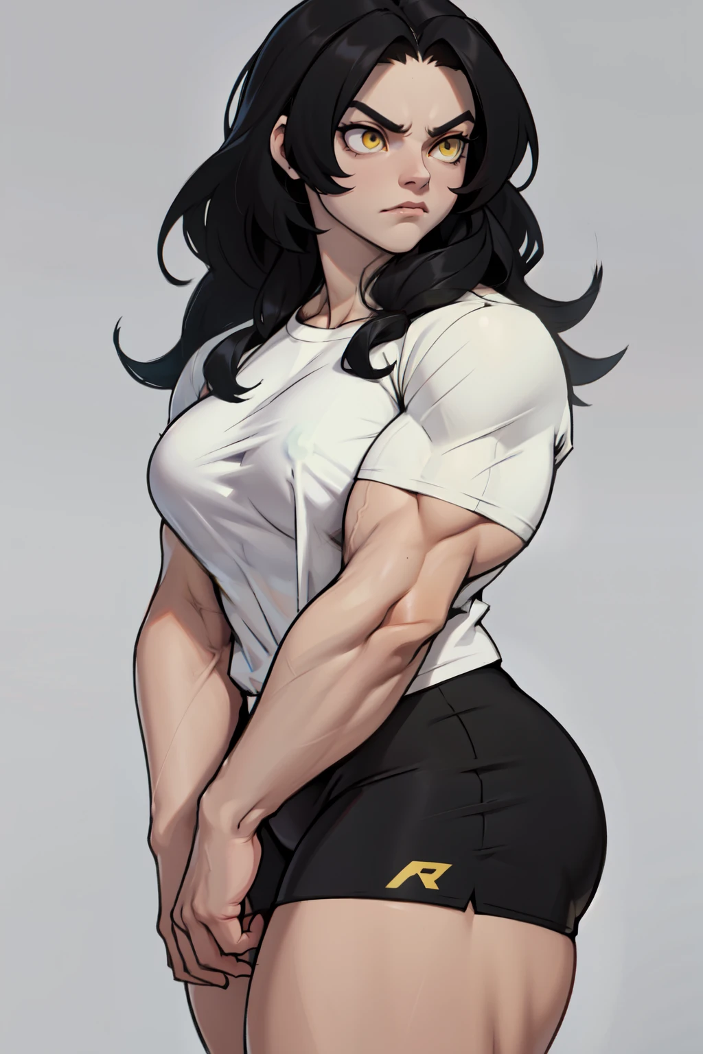 ((1girl)) pale skin large breasts (muscular) toned body thick thighs black hair yellow eyes (long hair grey background) bodybuilder angry tight shirt