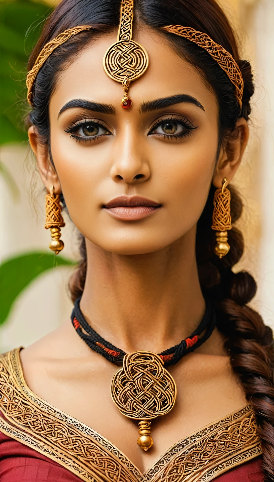 Looks like Erica Fernandes, Celtic style beautiful tribal women portait . geometric patterns, intricate knots, medieval, highly detailed