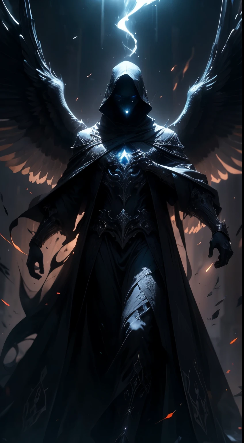 Striking illustration of the angel of death., A mysterious and ethereal figure who protects the narrowing of life and death.. His presence is enigmatic and powerful...., Huge wings stretching towards the horizon、Has a sharp gaze that conveys calmness and fear.。. He uses cool tones and deep shadows、Highlights his ethereal nature and connection to the realm of death......(dark lighting), ( fantastic lighting),(Spectral illumination)