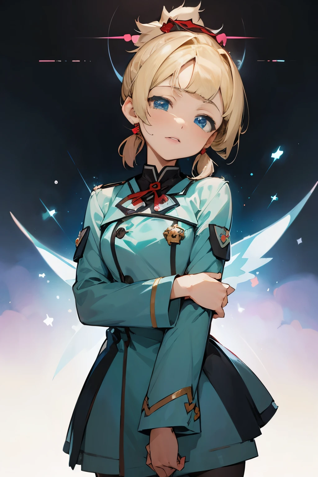 imaginary, ((Healer's uniform:1.5)), ((also:1.5)), break, Highly detailed face and eyes, ((Kyoto animation style)), Ultra precision, Masterpiece, very very beautiful, Princess Face, short hair, Styled hair, blonde, ((short ponytail;:1.5)), ((Straight bangs:1.5)), ((Cut the heme:1.5)), Blue eyes, ((Medium breast)), break, Red ribbons, Cowboy shot, dynamic, gland, Slight smile, From the bottom, Small church, stands up, From the bottom, Mouth slightly open, Kawaii faces,