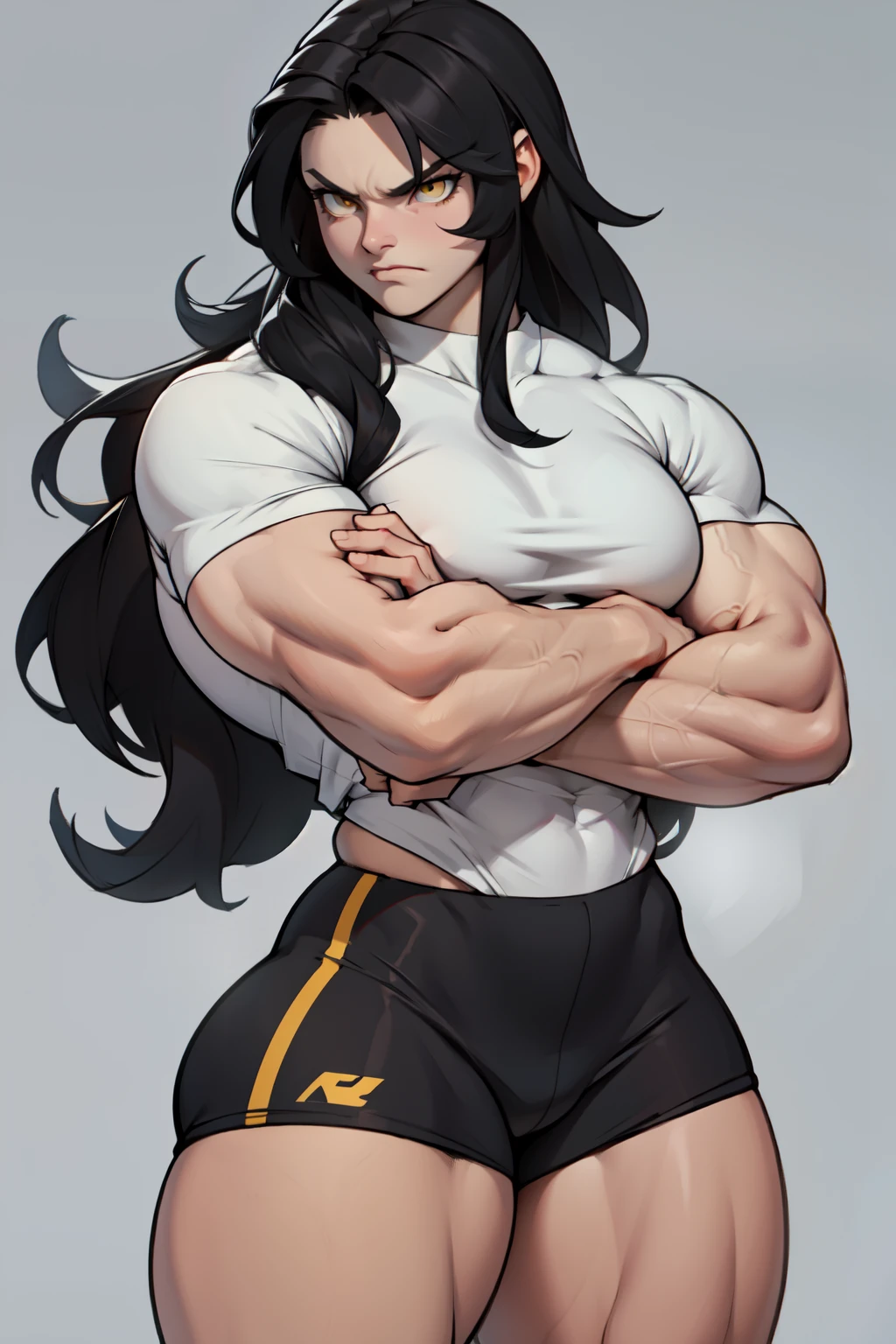 ((1girl)) pale skin large breasts (muscular) toned body thick thighs black hair yellow eyes (long hair grey background) bodybuilder angry tight shirt