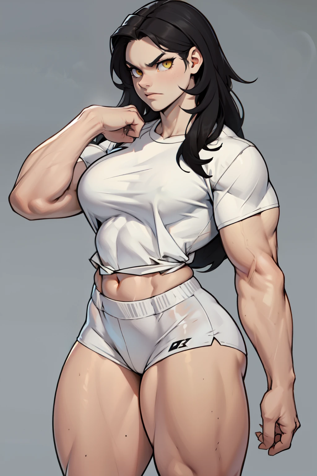 ((1girl)) pale skin large breasts (muscular) toned body thick thighs black hair yellow eyes (long hair grey background) bodybuilder angry tight shirt