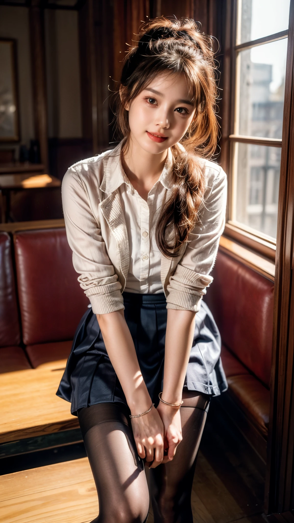 (Pure and cute Chinese college student 1.5), (21 years girl student), ((College Uniform silky pink blazer and silky black Knee length skirt)), ((skirt:1.2), 8K, Masterpiece, RAW photo, Best quality, Photorealistic, Extremely detailed CG Unity 8K wallpaper, Depth of field, Cinematic light, Lens flare, Ray tracing, (Extremely beautiful face, Beautiful lips, Beautiful eyes), intricate detail face, ((ultra detailed skin)),(true to life,Photorealistic 1.8),((best qualtiy, 8K, tmasterpiece:1.3)),SLR camera (double eyelid,largeeyes:1.3),((smile: 1.2)),(Full body photo 1.5)(One person 1.5)Clear focus 1.2, Perfect body beauty:1.4 , Delicate skin1.1,(Short black hair 1.6),(Delicate makeup1.4),(Pure desire 1.3)(Black pantyhose 1.5), Hair is slightly curled,Black hair, Bow knot, Slender legs,canvas Matty Black shoe,With earrings,Wristband jade bracelet, standing in University auditorium hall, beautiful knees,