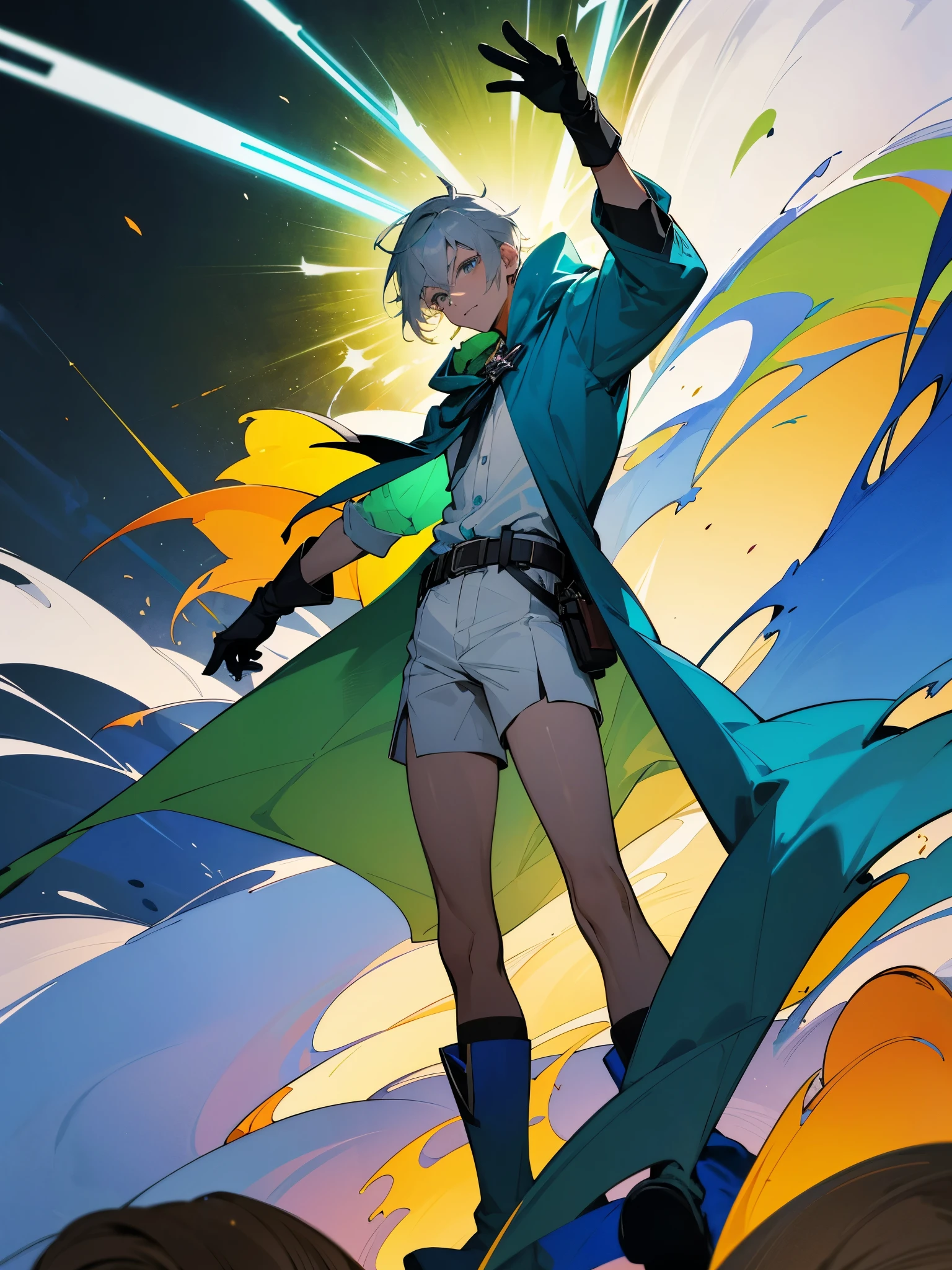 Tall man in his 30s with gray hair, gray eyes. Wearing a blue hooded cape, dressed in a white button shirt, green shorts, and blue gloves. He also wears a belt and boots. Pose masculina. Background with explosion of colors. Fondo luz arcoiris. Salpicadura de color.