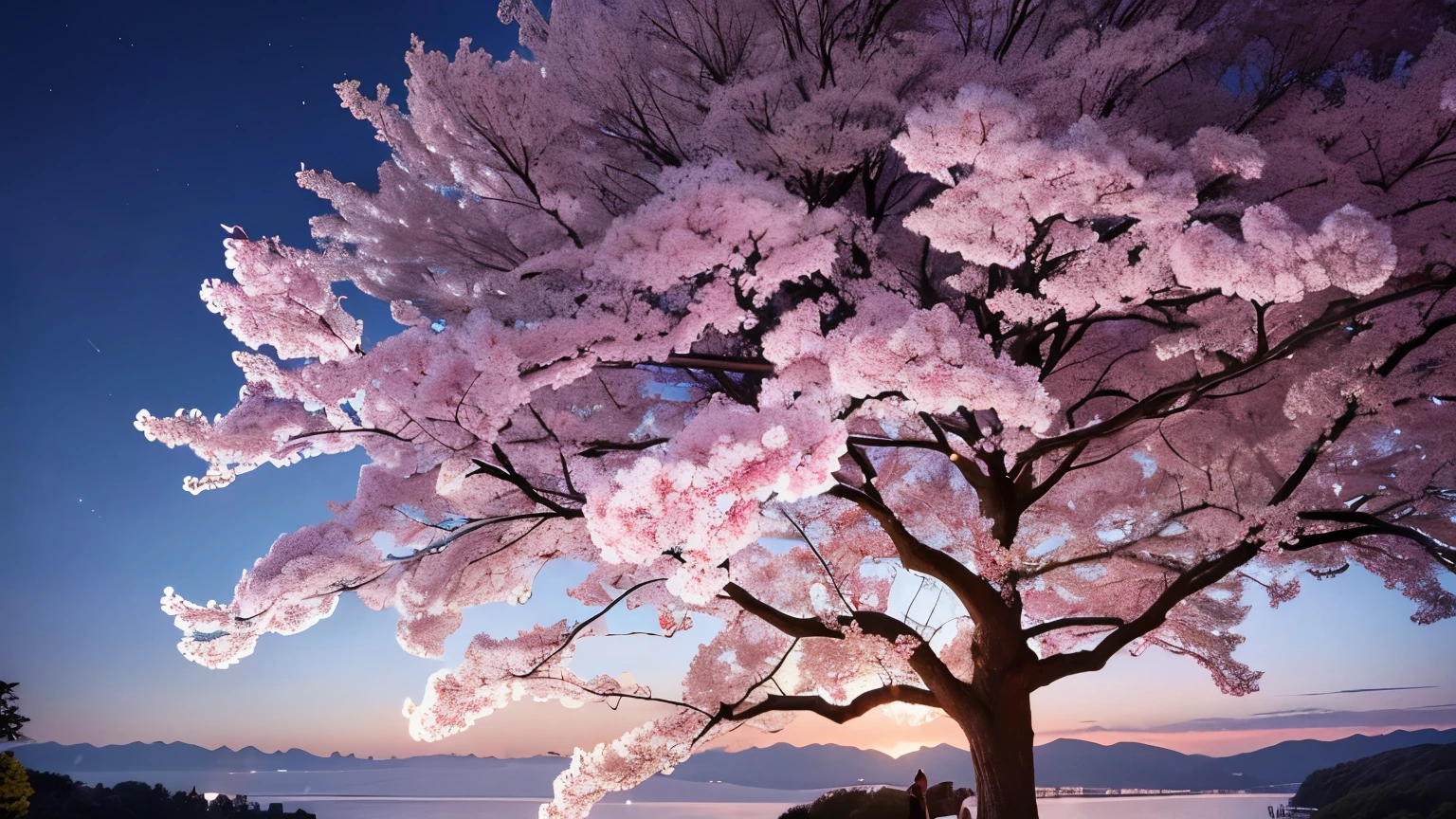 Highest image quality、realistic pictures、full shot、I can see the whole thing。Cherry blossoms at night、Only one big tree、fantastic scenery、an unforgettable promise、Waiting for a long time、nostalgic scenery、mysterious scene、calm atmosphere、Dark world。