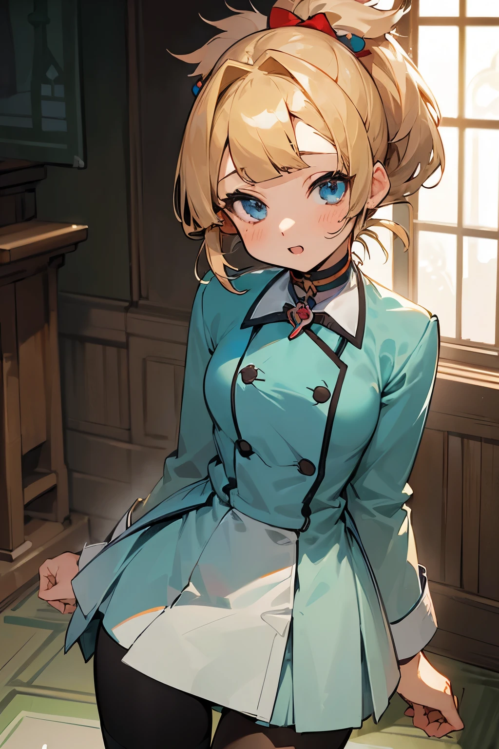 imaginary, ((Healer's uniform:1.5)), ((also:1.5)), break, Highly detailed face and eyes, ((Kyoto animation style)), Ultra precision, Masterpiece, very very beautiful, Princess Face, short hair, Styled hair, blonde, ((short ponytail;:1.5)), ((Straight bangs:1.5)), ((Cut the heme:1.5)), Blue eyes, ((Medium breast)), break, Red ribbons, Cowboy shot, dynamic, gland, Slight smile, From the bottom, Small church, stands up, From the bottom, Mouth slightly open, Kawaii faces,