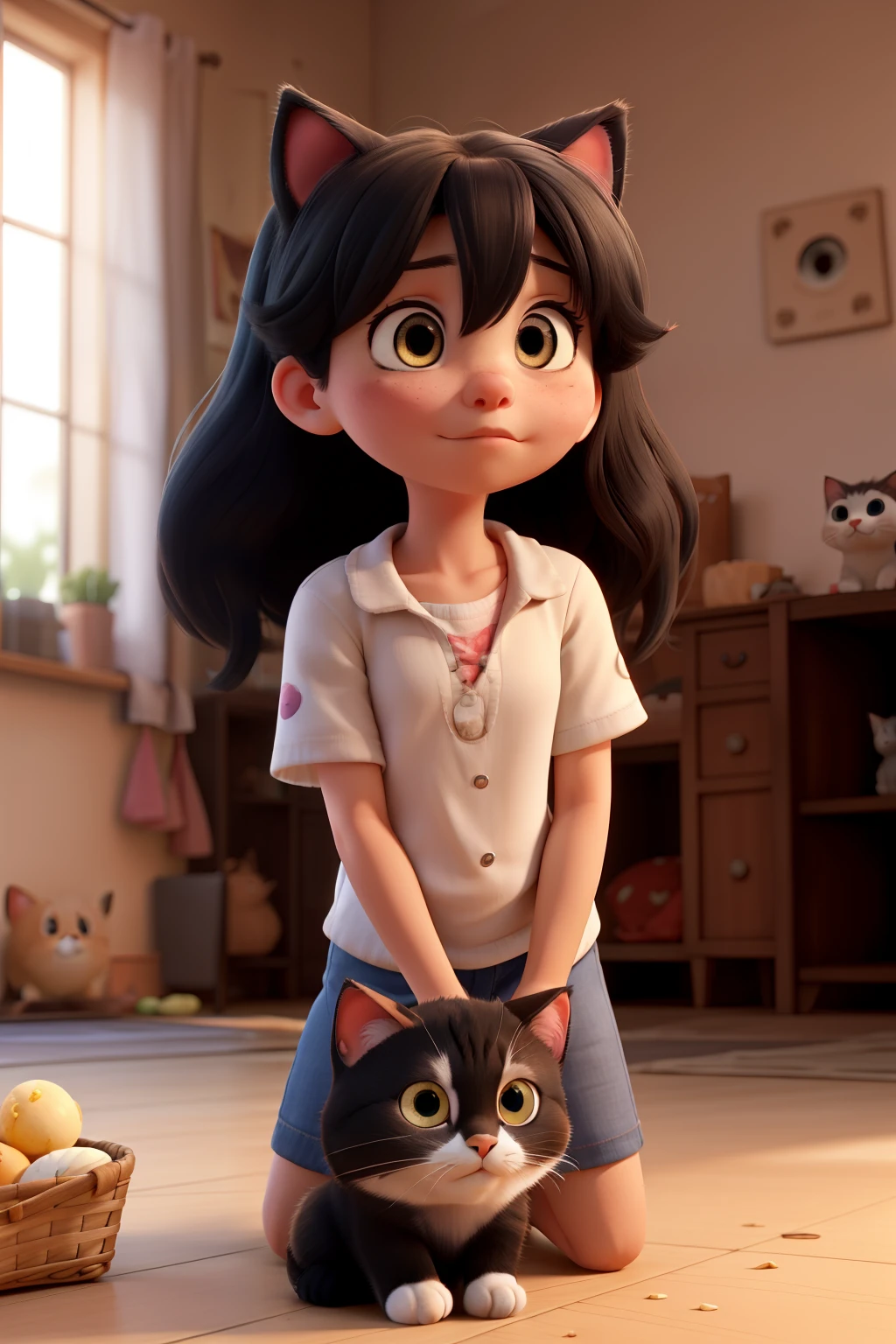 a girl with black hair in a room caring for a sick cat that does not want to eat, llamada Luna. put a container of food next to it and the cat with sad eyes and the girl with black eyes sad too
