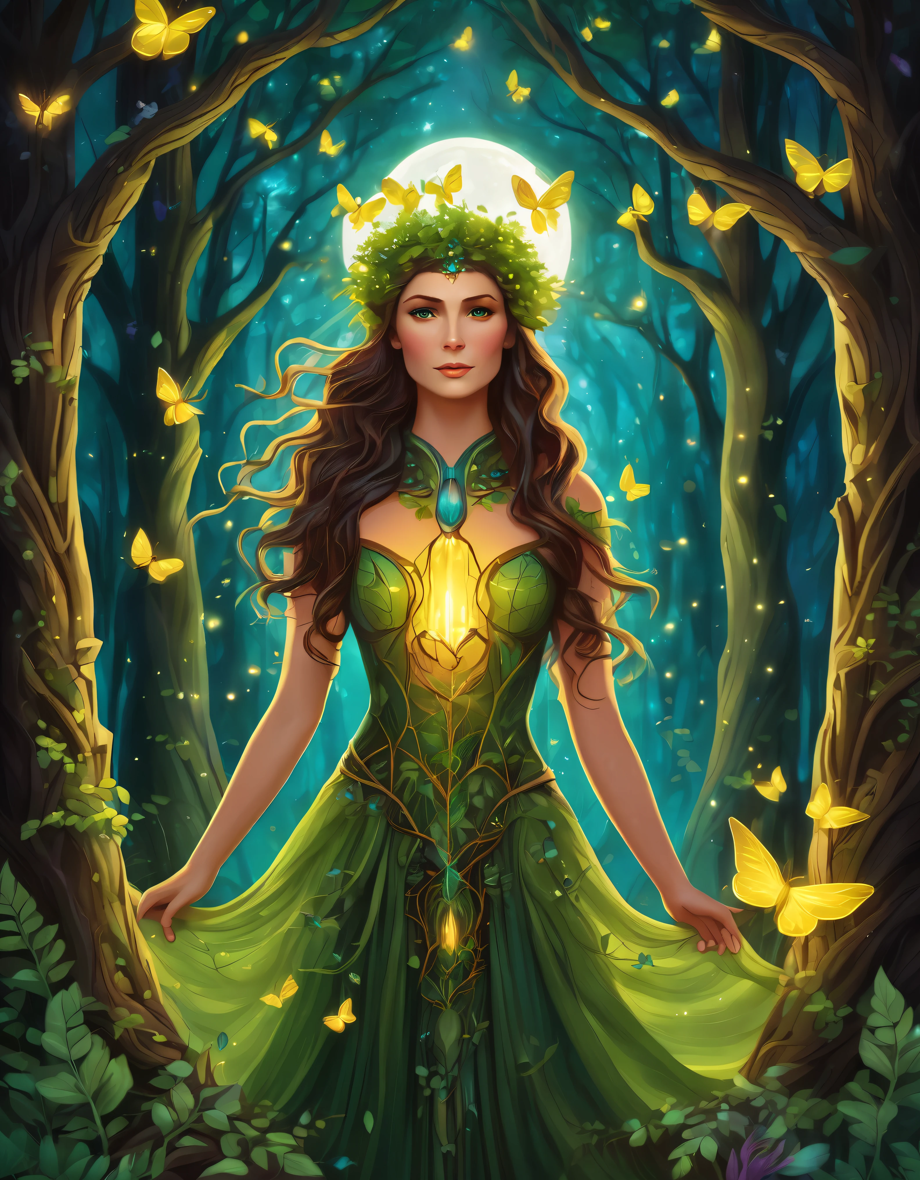 (symmetrical:1.3), (cute cartoon style:1.3), (solo:1.3), beautiful (((dryad inside a tree))) stands tall amidst a symphony of vibrant flora, (adorned with intricate flowing vines and leaves), she radiates an aura of strength and grace, her eyes reflect a deep connection with the natural world, gentle breezes rustle through her verdant crown, she stands as a beacon of harmony, a guardian of the earth's precious ecosystems, ((moonlit)) forest clearing, ((fireflies)), (absurdes:1.5), More Detail