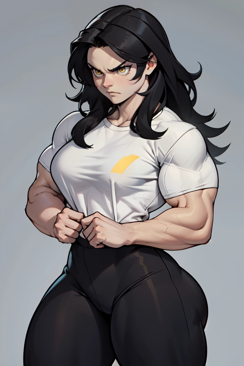 ((1girl)) pale skin large breasts (muscular) toned body thick thighs black hair yellow eyes (long hair grey background) bodybuilder angry tight shirt