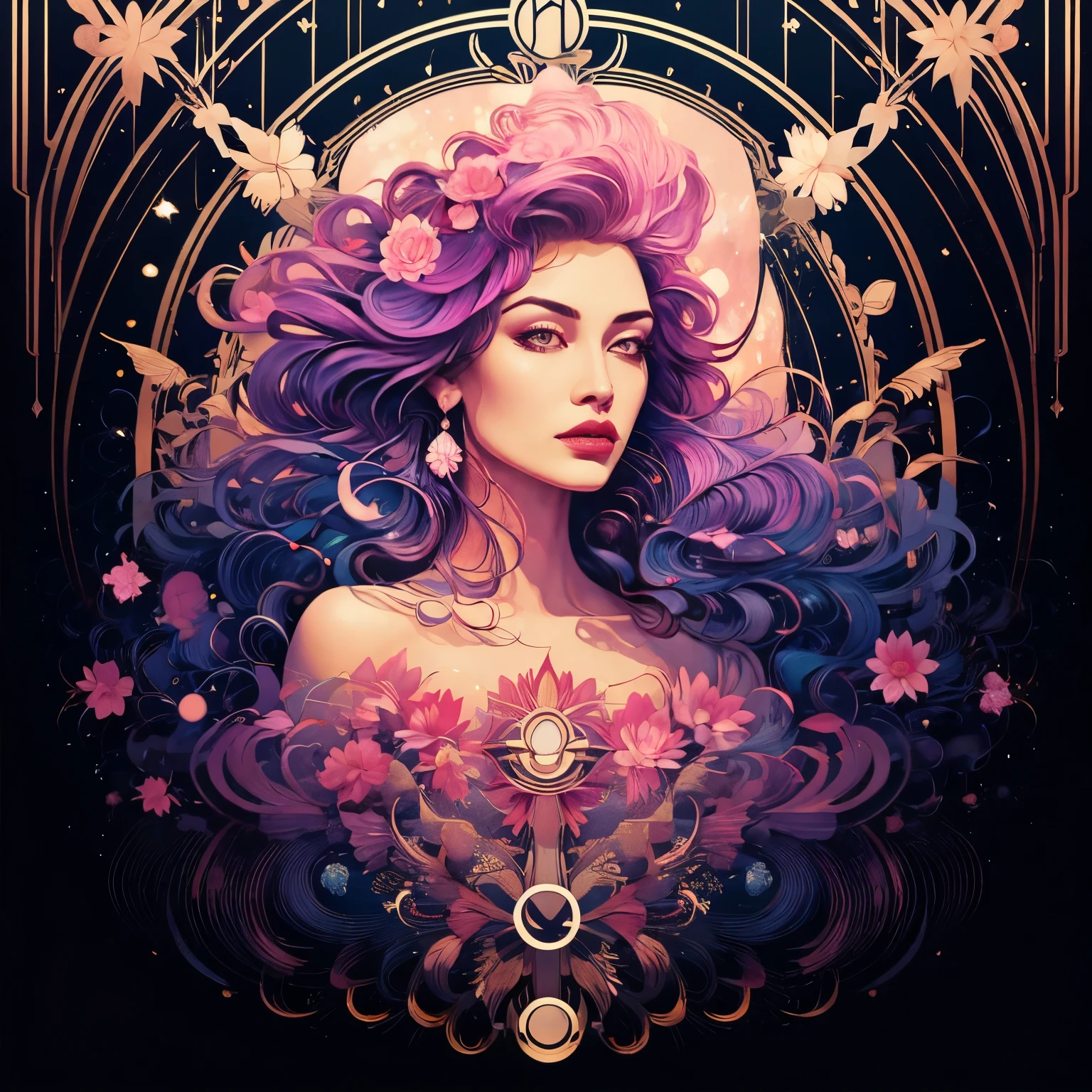 pink lotus queen, imagem limpa, Exquisite digital illustration, extremamente detalhado lindo, epic soft illustration, a rainha do fogo, Compass energy flowing, com um fundo preto escuro, ela tem cabelo roxo, brilhantemente colorido, arquitetura alta de obsidiana, rainha e governante do universo  