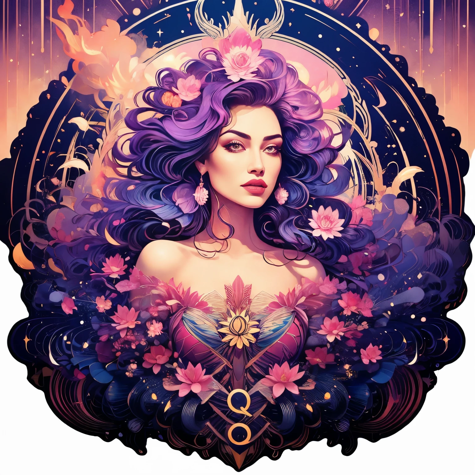 pink lotus queen, imagem limpa, Exquisite digital illustration, extremamente detalhado lindo, epic soft illustration, a rainha do fogo, Compass energy flowing, com um fundo preto escuro, ela tem cabelo roxo, brilhantemente colorido, arquitetura alta de obsidiana, rainha e governante do universo  