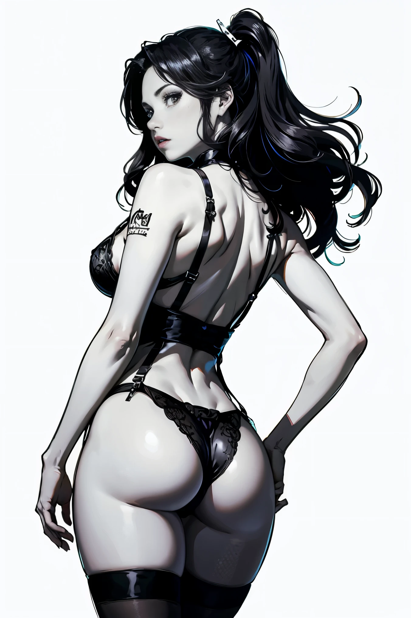 Anime, Best quality, Funny , 8 thousand., stockings with suspenders, woman, Medium breasts, drawing of a woman in black and white lingerie, Thick black line, high resolution commission, back and white, Толстый line drawing, with backlight, cute sexy butts, thick outline, 2 years, 2 years, Hands behind your back, body pose! , realistic perfect body with shading, black and white manga style, average, Sketch on paper