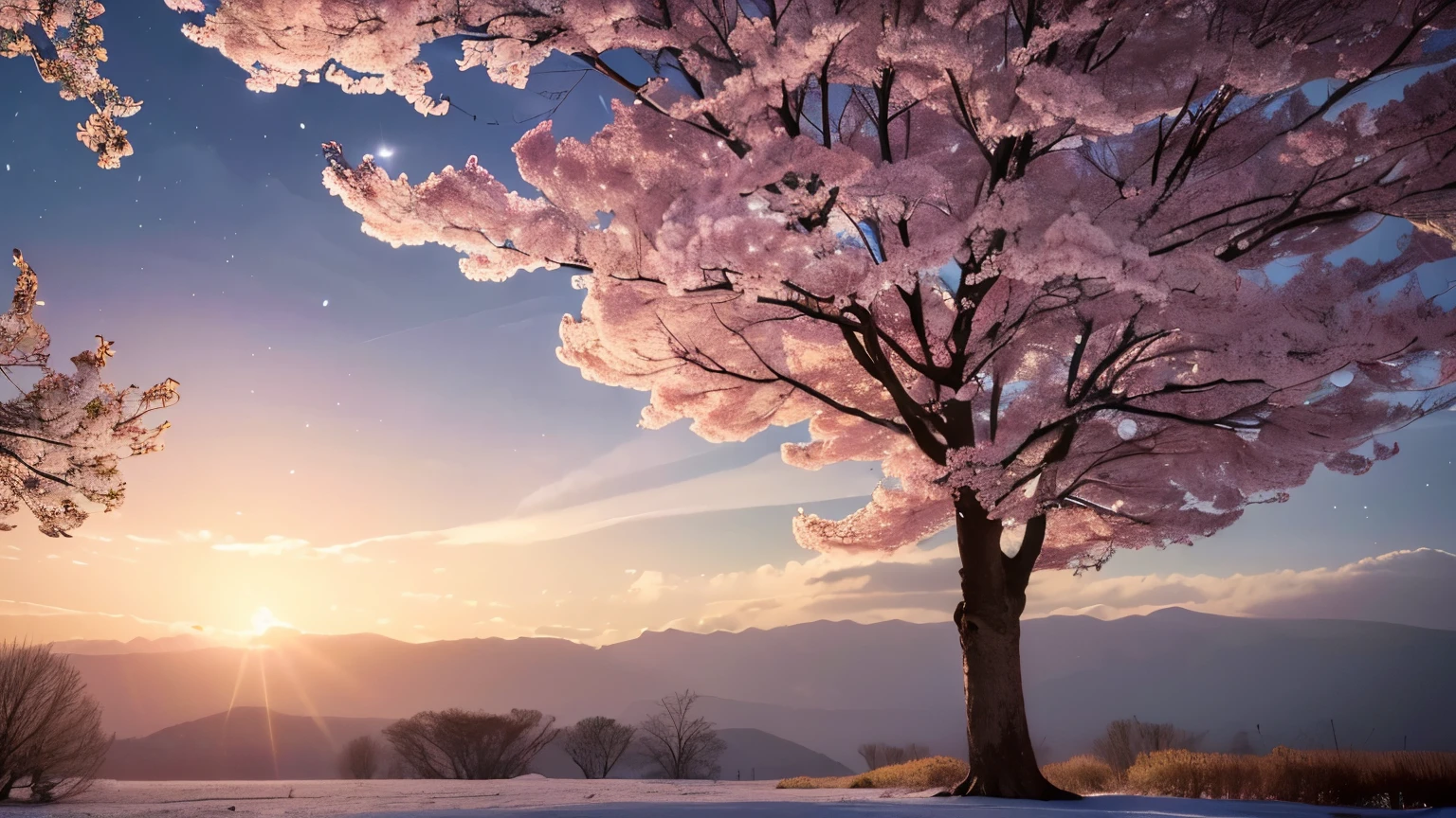 (best quality, highres, realistic:1.2), full shot, night cherry blossoms, solitary big tree, cherry blossoms falling like snow, fantastical landscape, unforgettable promise, long-awaited, nostalgic scenery, mysterious scene, calm atmosphere, world of darkness.