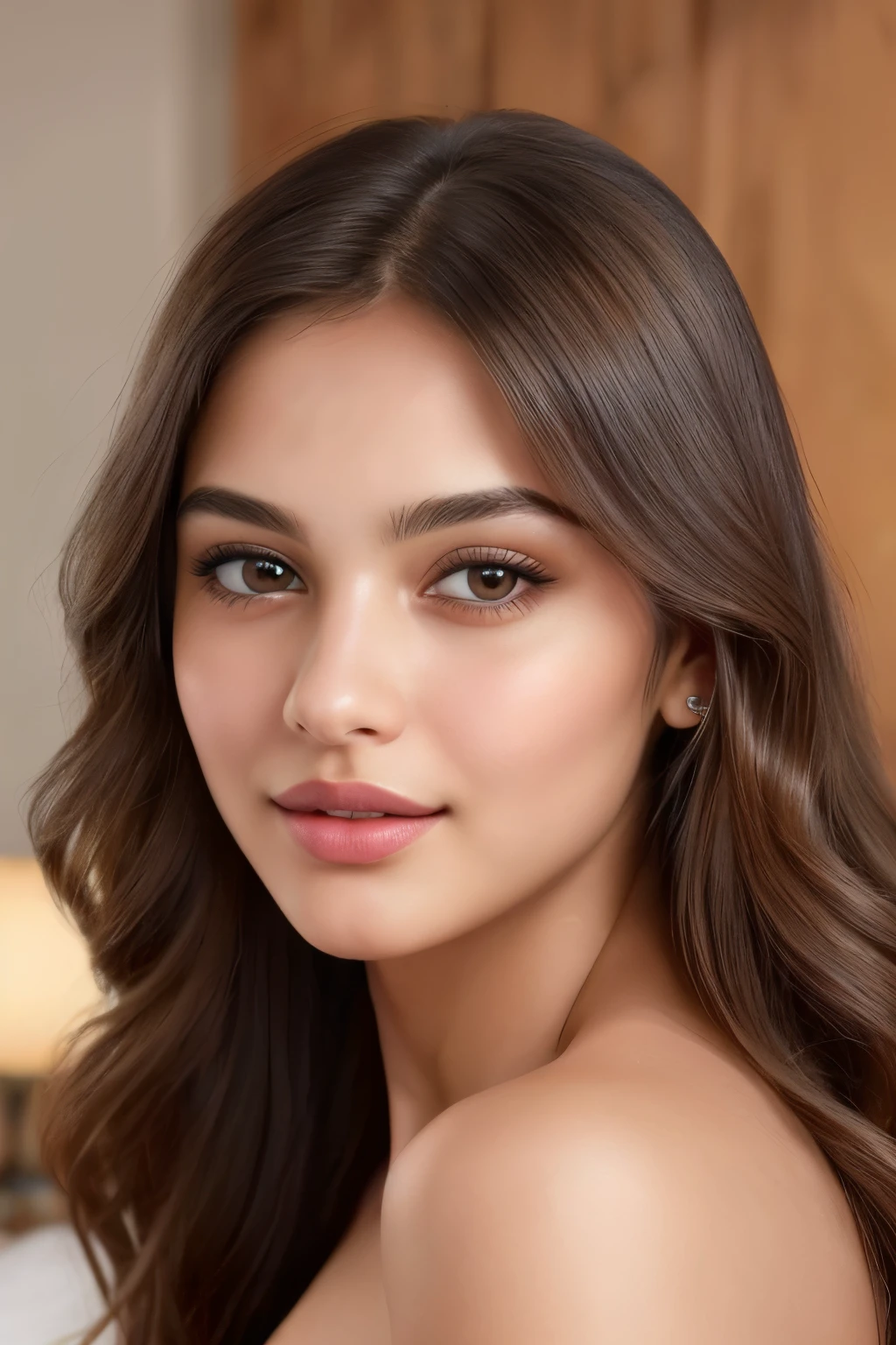 An Indian white girl of age 24, with long natural brown hair cascading down her shoulders, brightens up the frame with her radiant presence. Her black color eyes, framed elegantly with thick lashes and a distinct mole at the corner of her lips, add character to her beautiful face. The high-resolution 8k image captures her sweetly made-up features, with subtle hints of blush on her cheeks and a touch of lipstick on her lips. The lighting is soft and beautiful, adding a warm glow to her complexion and enhancing the texture of her skin. The photorealistic rendering brings out every detail, from the intricate pores on her skin to the individual