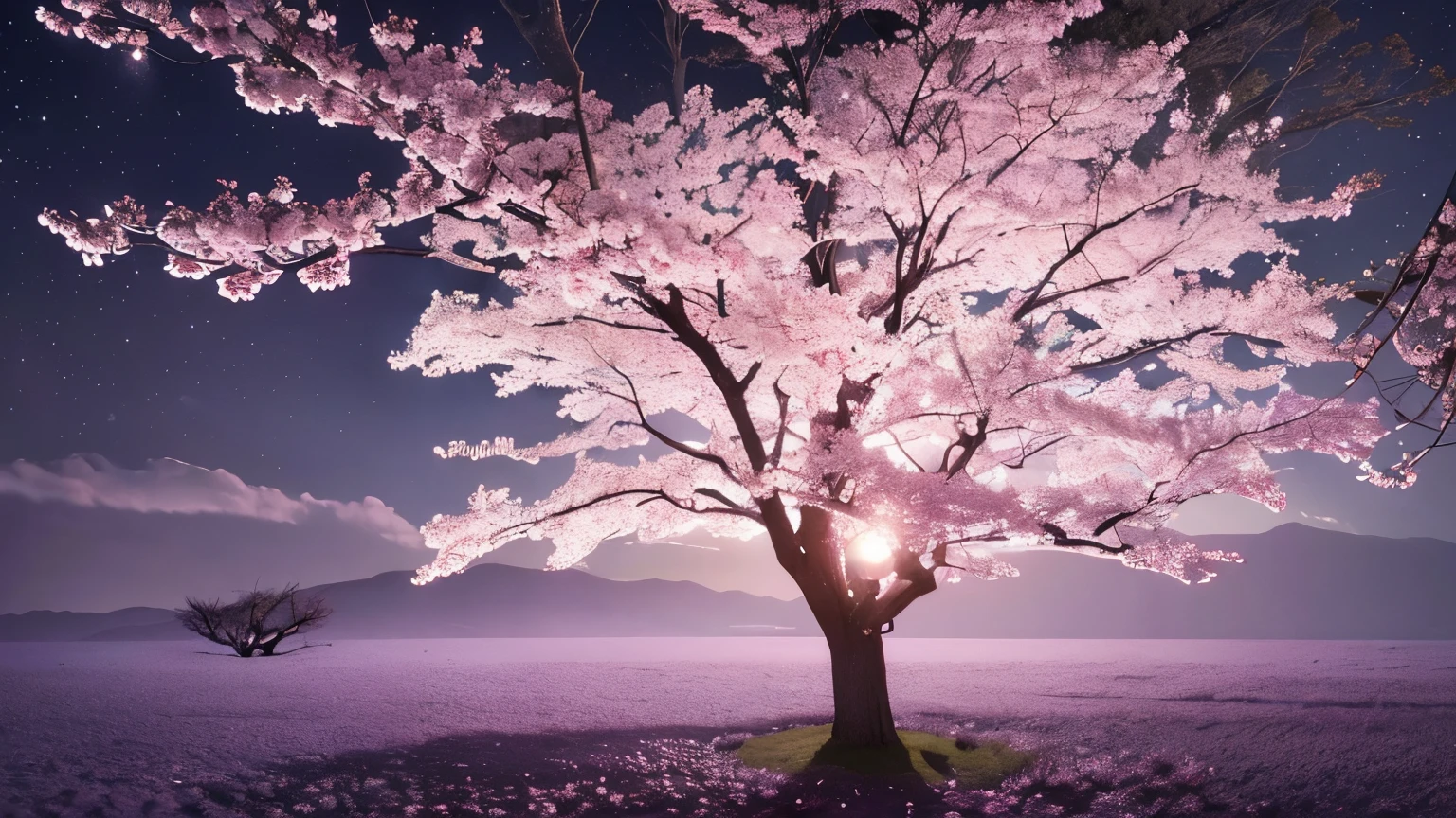 (best quality, highres, realistic:1.2), full shot, night cherry blossoms, solitary big tree, cherry blossoms falling like snow, fantastical landscape, unforgettable promise, long-awaited, nostalgic scenery, mysterious scene, calm atmosphere, world of darkness.