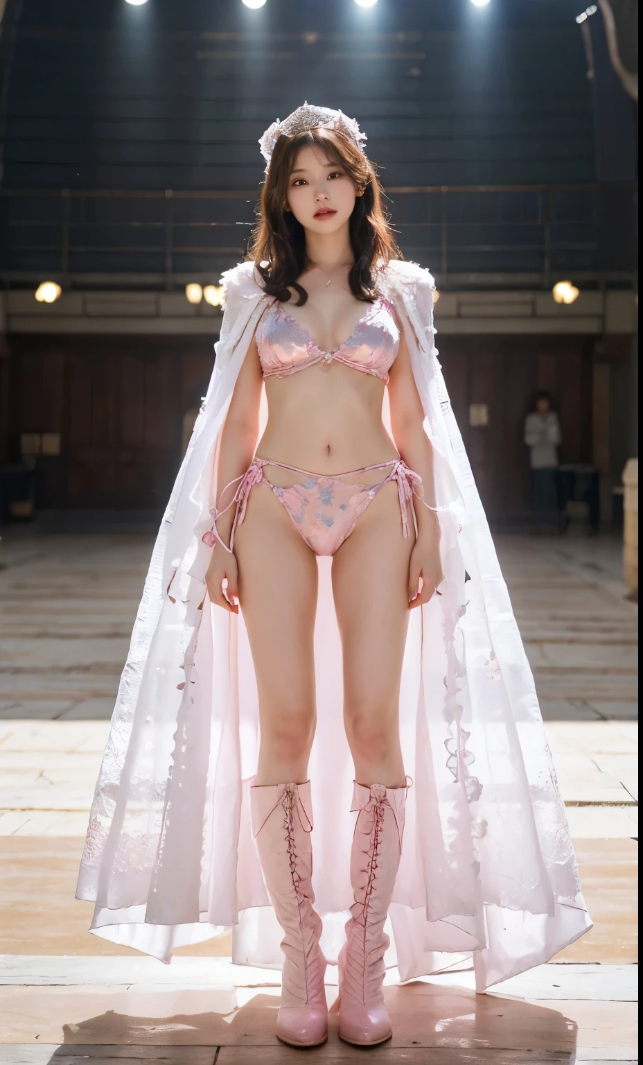 beautiful and delicate woman,The eyes and face are very detailed, exquisite eyes, super detailed, High resolution, The content is very detailed,best quality,EnLightenment,unity,8k wallpaper,masterpiece,best quality,imagine，1 girl，Wear sexy pink bikini armor，huge breasts, Armor patterned metallic style pink priest cloak，priest hat，standing posture，long legs，put on pink boots，look at the audience，facing the audience，flowing long hair，Surreal 8000g，Impeccable，masterpiece，professional artwork，famous artwork，Light，movie bloom，perfect face，pretty face，fantasy，Dreamy and magical，not real，intricate details，Exquisite pattern…Korean woman’s face