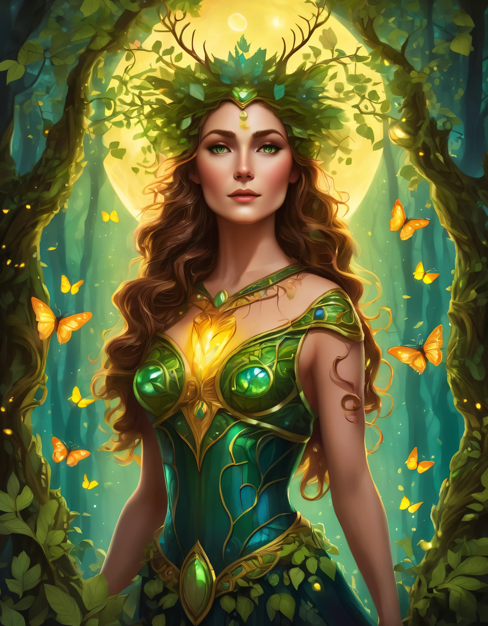 (symmetrical:1.3), (cute cartoon style:1.3), (solo:1.3), beautiful (((dryad inside a tree))) stands tall amidst a symphony of vibrant flora, (adorned with intricate flowing vines and leaves), she radiates an aura of strength and grace, her eyes reflect a deep connection with the natural world, gentle breezes rustle through her verdant crown, she stands as a beacon of harmony, a guardian of the earth's precious ecosystems, ((moonlit)) forest clearing, ((fireflies)), (absurdes:1.5), More Detail