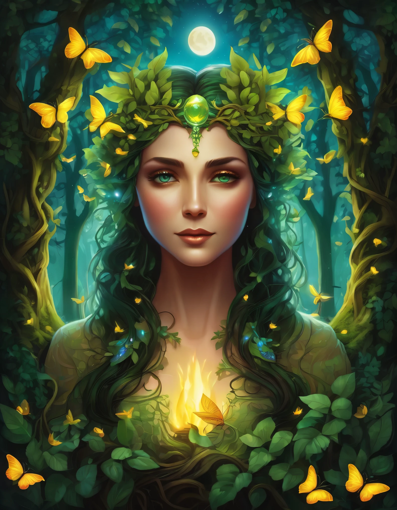 (symmetrical:1.3), (cute cartoon style:1.3), (solo:1.3), beautiful (((dryad inside a tree))) stands tall amidst a symphony of vibrant flora, (adorned with intricate flowing vines and leaves), she radiates an aura of strength and grace, her eyes reflect a deep connection with the natural world, gentle breezes rustle through her verdant crown, she stands as a beacon of harmony, a guardian of the earth's precious ecosystems, ((moonlit)) forest clearing, ((fireflies)), (absurdes:1.5), More Detail