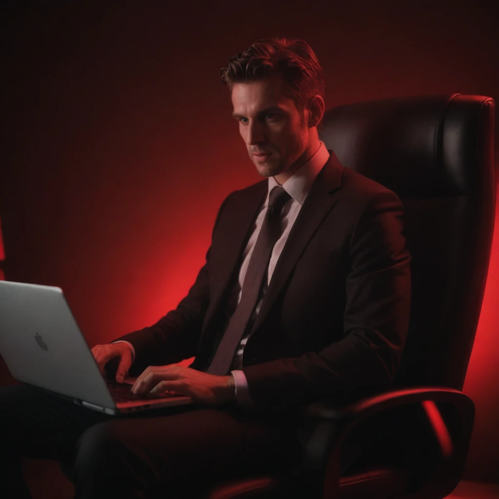 suit man sitting in a chair with a laptop computer, cinematic red lighting, red lighting, red lighting on their faces, red glow, red leds, , sitting at a computer