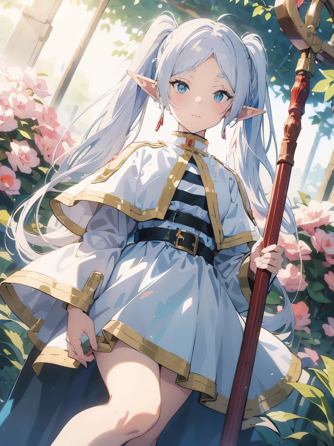 anime girl with long white hair and blue eyes holding a pole, white haired deity, elf girl, high detailed official artwork, crisp clear rpg portrait, guweiz on pixiv artstation, cute anime waifu in a nice dress, guweiz on artstation pixiv, anime fantasy illustration, clean detailed anime art, a maid in a magical forest