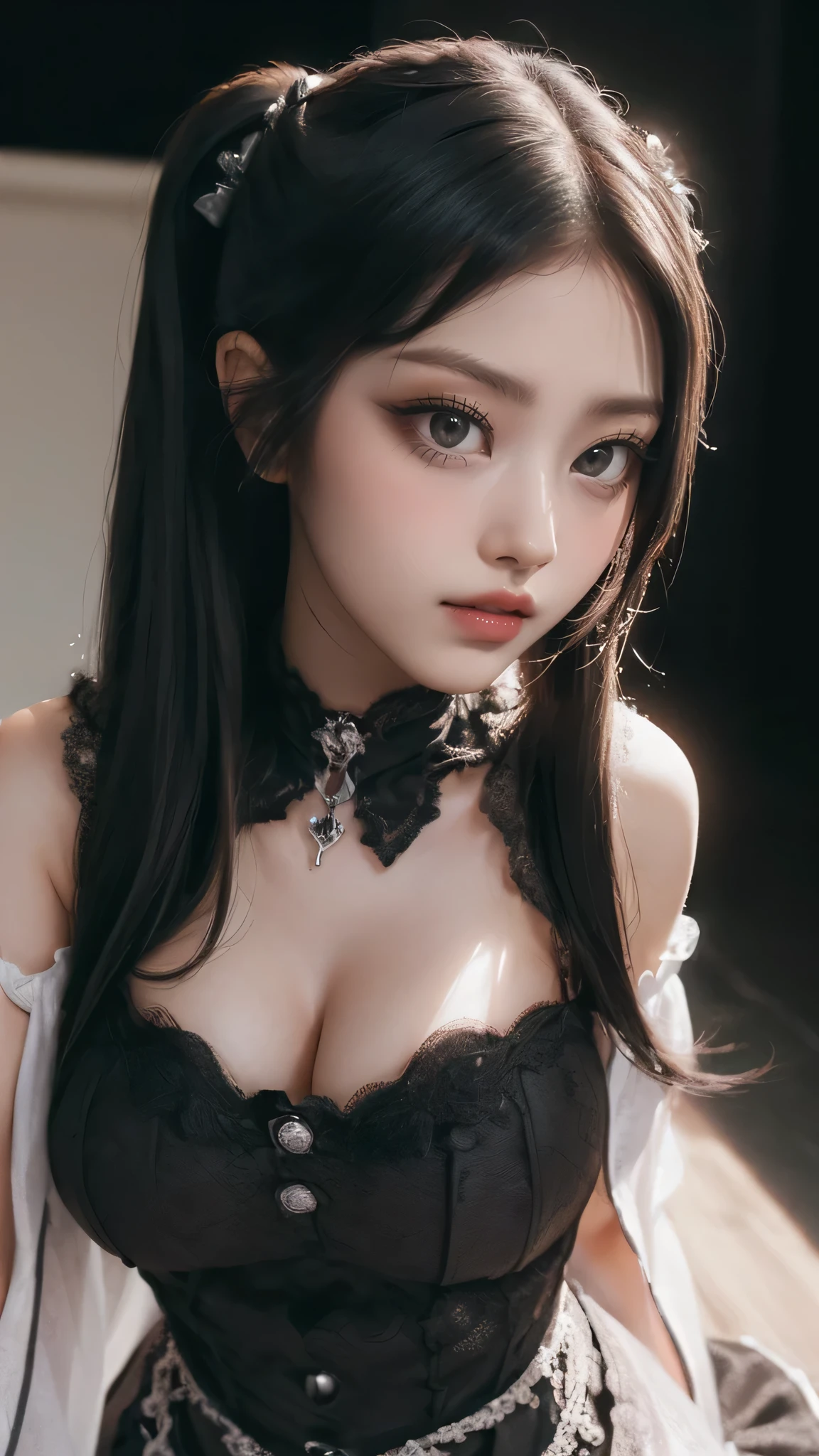 (random pose:1.8),goth  dress,highly detailed skin,(Thin type:1.8),(big breasts:1.5), beautiful胸, pale skin, pointed chest, erect nipples,twin tails,twin drill,(super thin hair), (super soft hair), (ultra straight hair:1.5),dull bangs, (best image quality, (8K), Super realistic, 最high quality, high quality, High resolution, high qualityな質感, high detail, beautiful, Detailed, Highly detailed CG, Detailedテクスチャー, realistic facial expression, masterpiece, before, dynamic, bold)