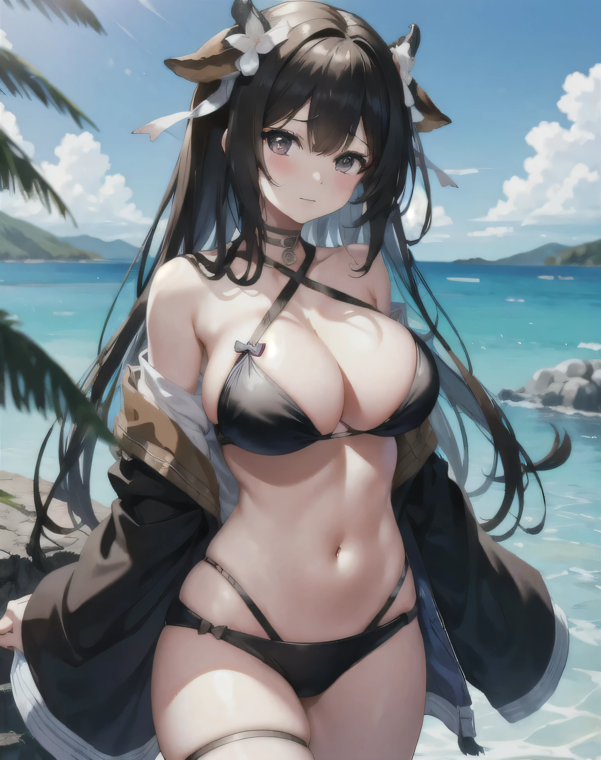 large breasts, 1girl,solo,, blush, kashino, black hair,standing,cowboy shot, bikini, island