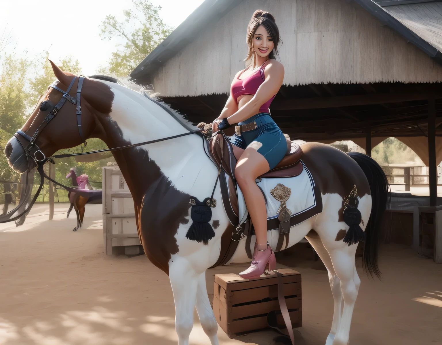 Beautiful naked Mexican woman riding a bull