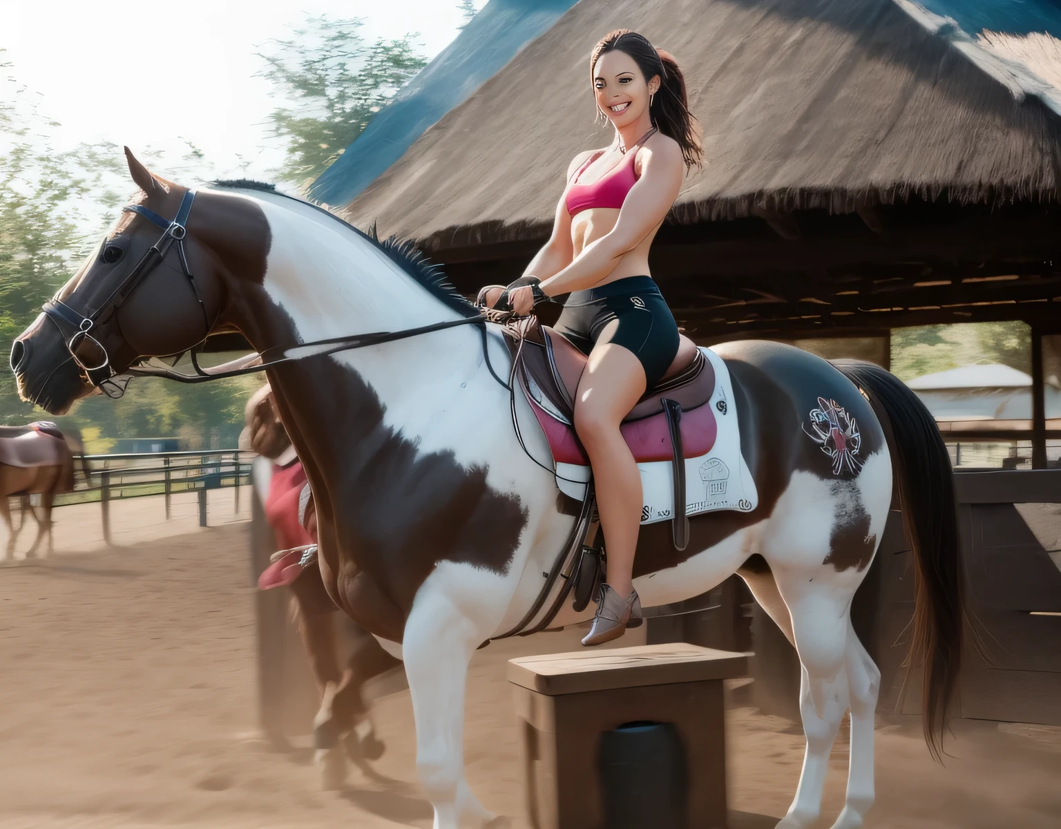 There is a woman riding a horse in a park, riding a horse, riding a horse, riding a horse, riding a horse, with a horse led, riding a horse!!! riding a prancing horse, horse on top, riding a black horse, trying to ride, pony, really trying to ride, cowgirl. Woman in good physical shape. A woman with white skin and dark hair. She is about 35 years old. Her slightly plump red lips are like a delicate flower, her dark brown eyes seem to contain a world of wonders. Slim body. Thin waist. Her body exudes glamor and her face is the definition of beauty. Highly realistic, still, slightly full lips, pink lipstick, smile, feeling of lightness and joy, hyper-realism, very elaborate skin, look. Fitness woman. Sharp photo, high quality, high resolution, masterpiece, 8k.