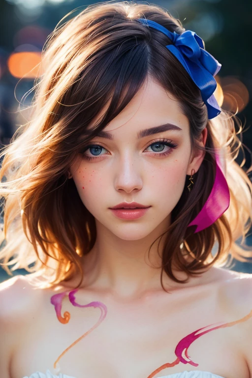 (8k, best quality, masterpiece:1.2),(best quality:1.0), (ultra highres:1.0), watercolor, a beautiful woman, shoulder, hair ribbons, by agnes cecile, half body portrait, extremely luminous bright design, pastel colors, (ink:1.3), autumn lights