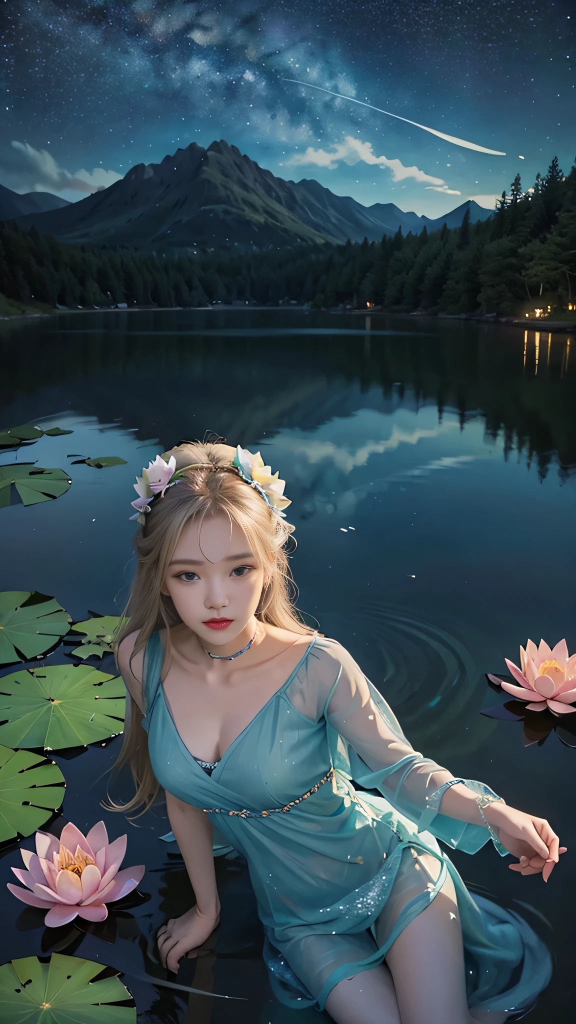 Colored line drawing night tranquil starry sky and lake water, water lily, bridge, highly realistic and detailed painting, crayons, colored pencil