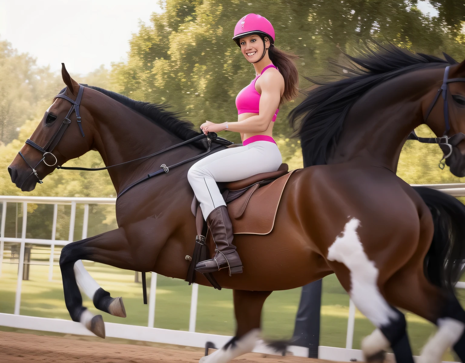 There is a woman riding a horse in a park, riding a horse, riding a horse, riding a horse, riding a horse, with a horse led, riding a horse!!! riding a prancing horse, horse on top, riding a black horse, trying to ride, pony, really trying to ride, cowgirl. Woman in good physical shape. A woman with white skin and dark hair. She is about 35 years old. Her slightly plump red lips are like a delicate flower, her dark brown eyes seem to contain a world of wonders. Slim body. Thin waist. Her body exudes glamor and her face is the definition of beauty. Highly realistic, still, slightly full lips, pink lipstick, smile, feeling of lightness and joy, hyper-realism, very elaborate skin, look. Fitness woman. Sharp photo, high quality, high resolution, masterpiece, 8k.