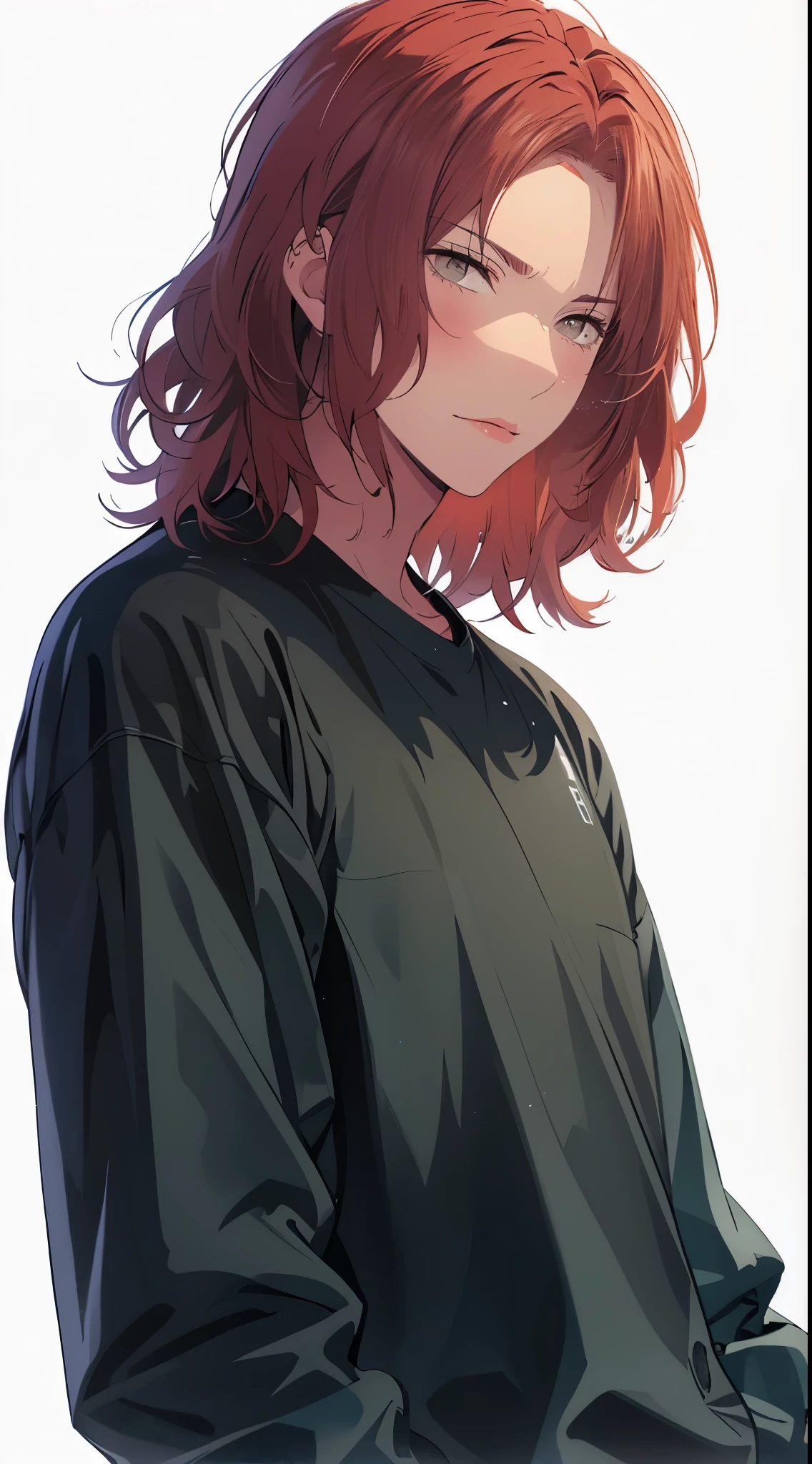 Manly, cool, Beautiful young man, 19 years old, with red hair, shoulder length hair, gray eyes, White background, standing picture, and slanted pupils,high quality, amount of drawing, pixiv illustration