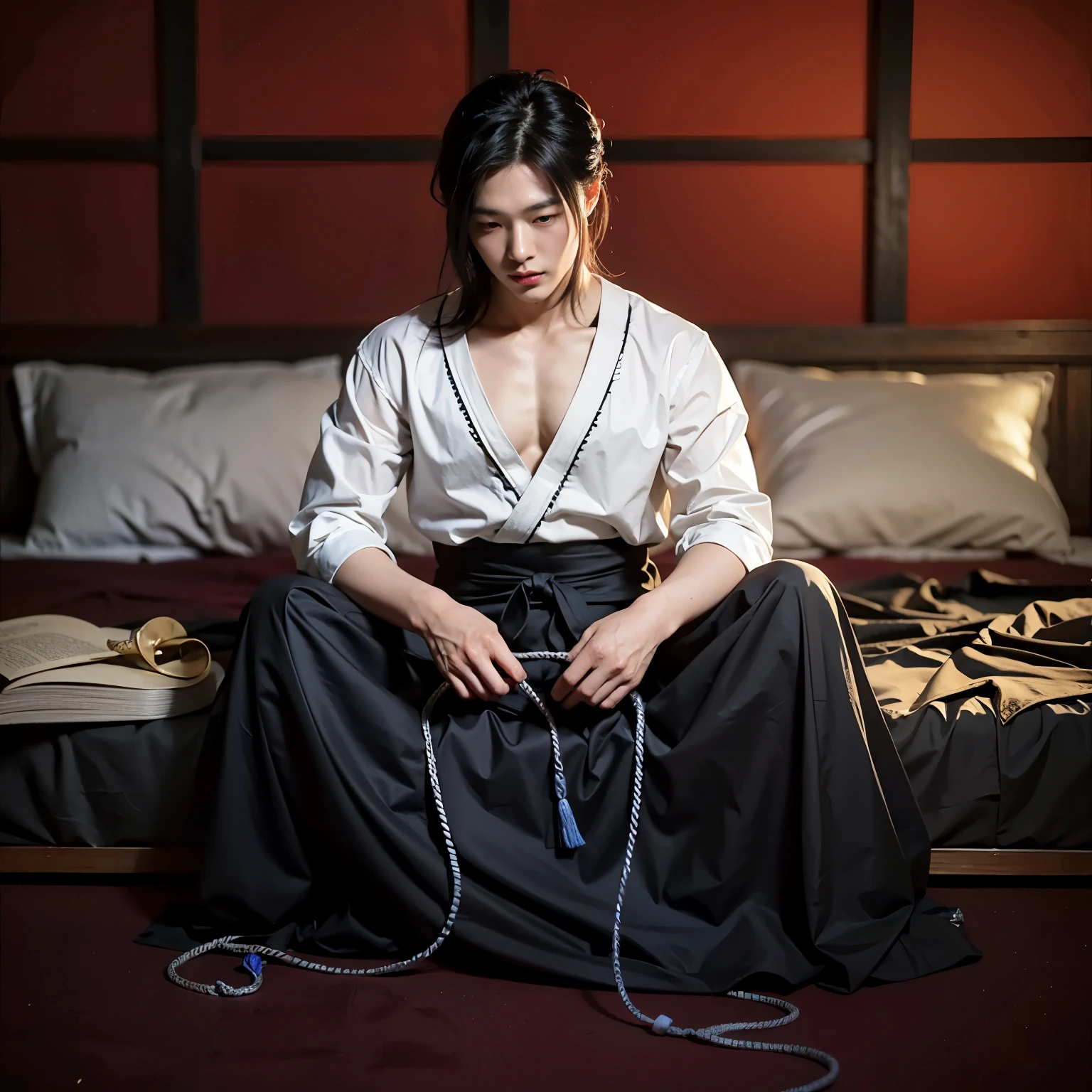 handsome korean man, 29 years-old, pale skin, clean skin, clean face, red eyes, long black silk hair, strong muscular body, sexy, seductive, mysterious, holding a shibari red rope, sitting on a japanese bed