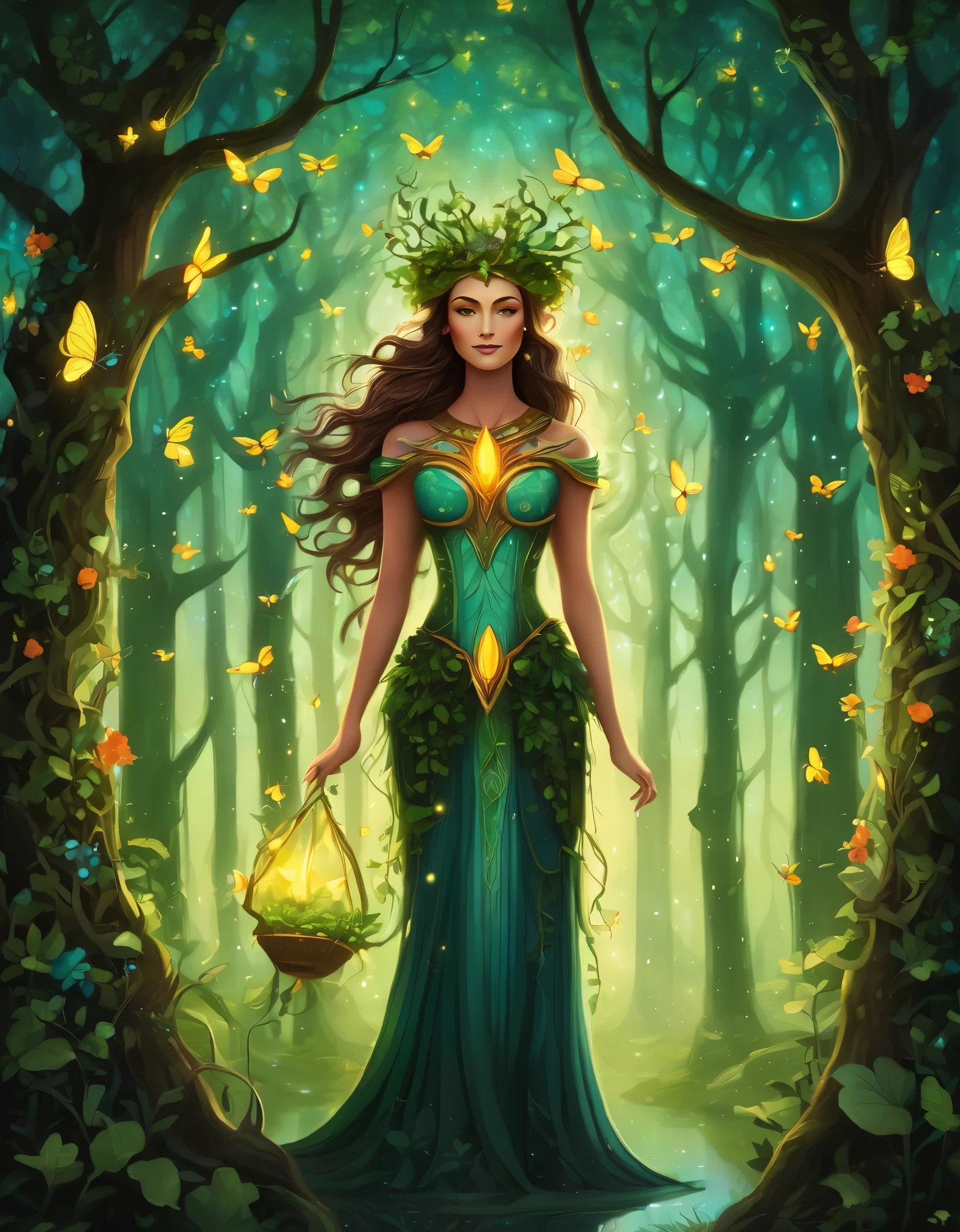 (symmetrical:1.3), (cute cartoon style:1.3), (solo:1.3), beautiful (((dryad inside a tree))) stands tall amidst a symphony of vibrant flora, (adorned with intricate flowing vines and leaves), she radiates an aura of strength and grace, her eyes reflect a deep connection with the natural world, gentle breezes rustle through her verdant crown, she stands as a beacon of harmony, a guardian of the earth's precious ecosystems, ((moonlit)) forest clearing, ((fireflies)), (absurdes:1.5), More Detail