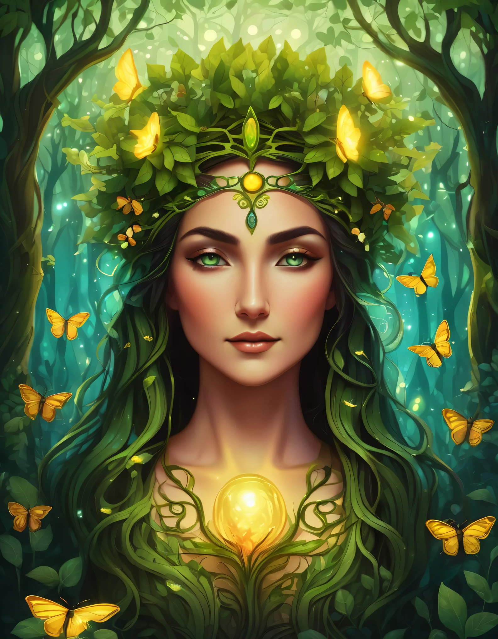 (symmetrical:1.3), (cute cartoon style:1.3), (solo:1.3), beautiful (((dryad inside a tree))) stands tall amidst a symphony of vibrant flora, (adorned with intricate flowing vines and leaves), she radiates an aura of strength and grace, her eyes reflect a deep connection with the natural world, gentle breezes rustle through her verdant crown, she stands as a beacon of harmony, a guardian of the earth's precious ecosystems, ((moonlit)) forest clearing, ((fireflies)), (absurdes:1.5), More Detail