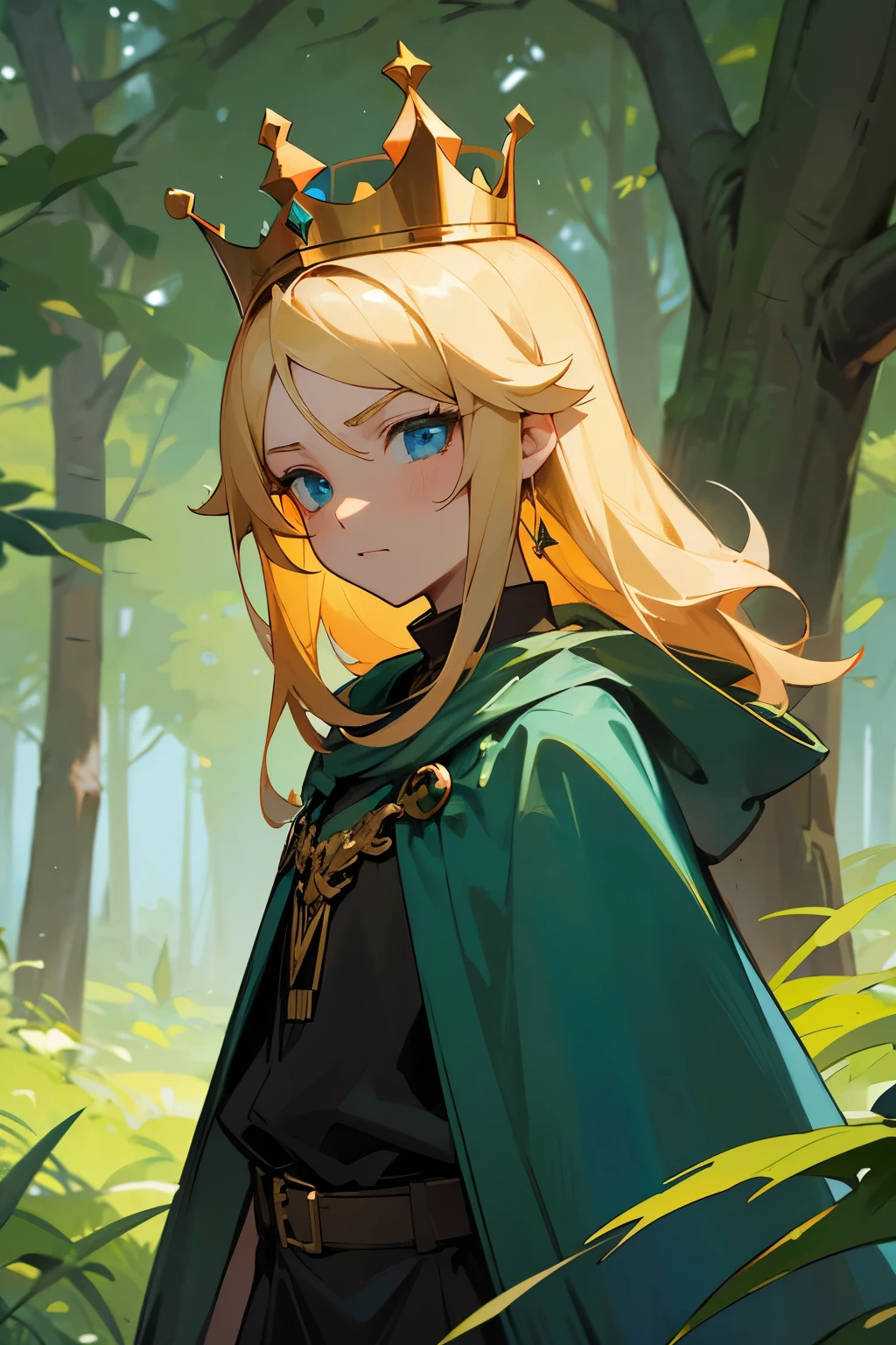 with.hiquality, com.tmasterpiece (One teenage girl, Messed up) Princess. Small crown. Latif's sullen face, Blonde hair. Blue Eyes - Green Hunting Cloak. On the outskirts of the forest.