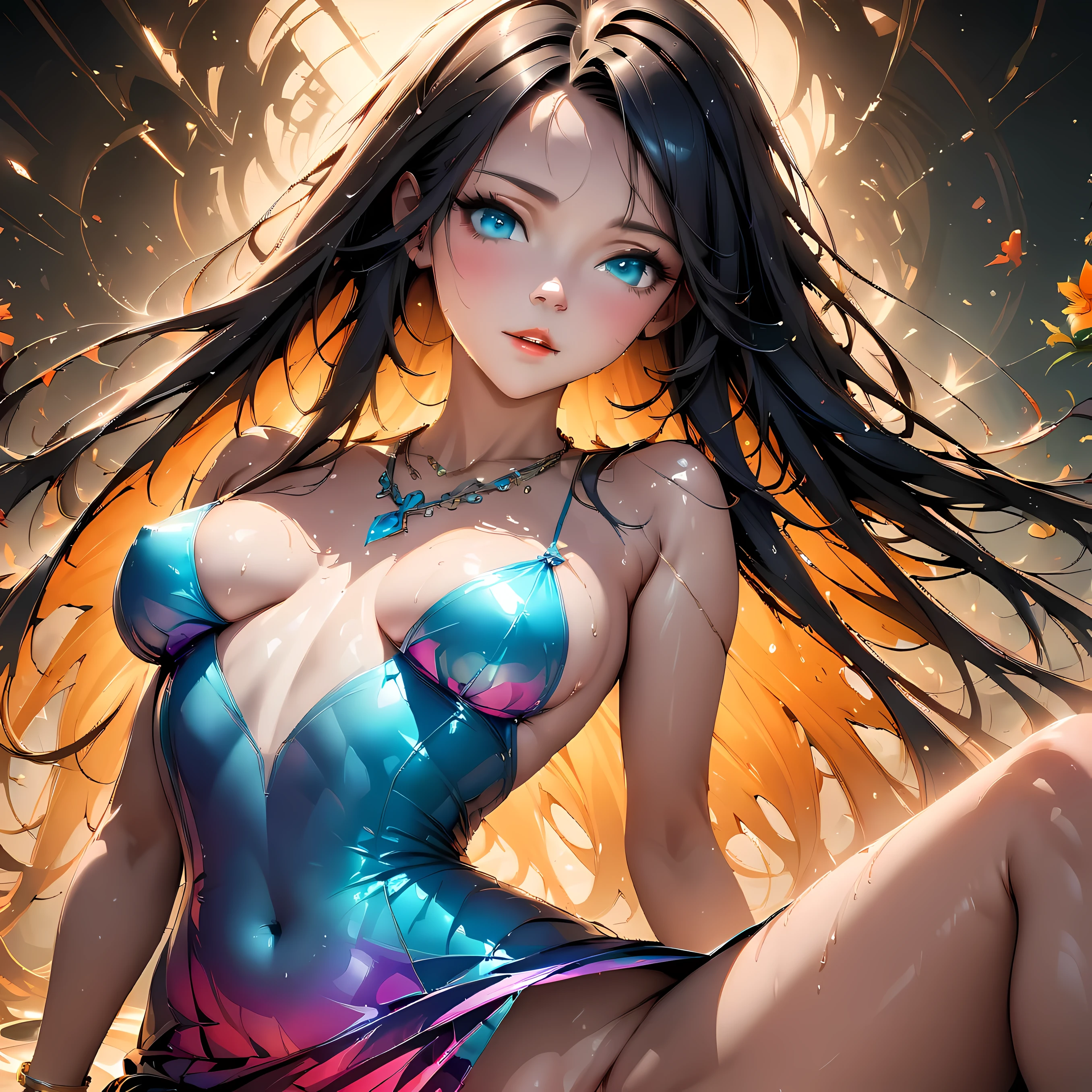 ((One, 1 girl, sitting in front of the viewer, plays the cello), (Black transparent dress), (sexual, erotic), spread her legs wide, plays the cello right in front of the viewer))_((Delicate scarlet lips), (straight black hair - long, cascading hair), (Wet straight hair))_((stylization; transparent line, transparent stroke, high quality line drawing, shading))_((simple color palettes), (color fill, richness of colors, saturation, harmony , balance), (pastel shades, Pure colors), (classic-surrealism))_((sexual, erotic), (simple, Minimum accessories), (necklaces and thin rings made of silver or gold), (simple bracelets, Unusual design , simple silhouettes), (erotic style),(nsfv))_((background),(abstract minimalism), (stunning abstract flowers - cubism), (lilies, extremely unusual, long stems - large stems))_ ((masterpiece , highest quality), (transparent frame, soft shadows, contrast light), (Warm colors, golden light, contrast light with cold side lighting, Expression of volume and shape))_ ((Stylized digital painting), (soft transparent shapes , broad stroke, Attention to detail), (transparent, elegant line, color fill))_((high quality, 4K | Ultra HD | Full HD, Cinematic rendering)).