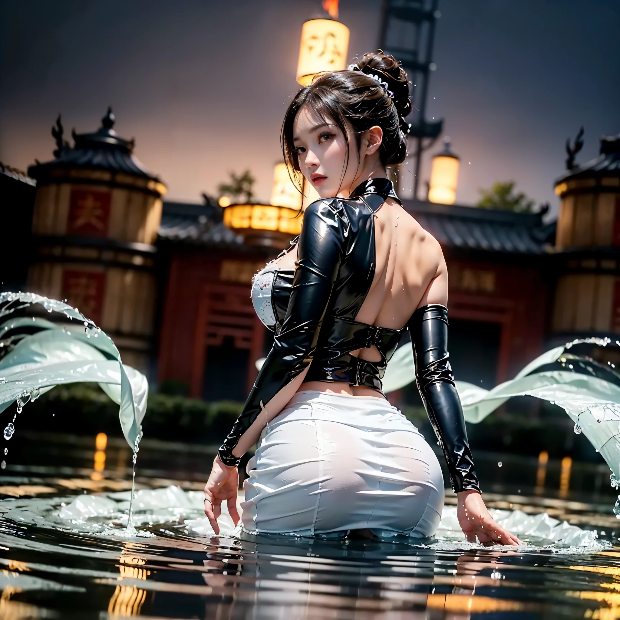 （full body picture，full body display），((epic composition，Ancient battlefield of China，A woman wearing a flowing white gauze skirt，moist，water goddess，There is a pair of water wings behind him，whole body xianxia，Shoot from behind，from below，Rich scene details，Smoke was everywhere，In the distance is a tall tower，The flames illuminate the sky red))，(25 years old，Majestic and stern expression，raised nipples),((anatomically correct，8k, super detail, UHD, masterpiece, super detail, high details, high quality, award winning, best quality, highres, 1080P, HD, 4K, 8k, ccurate))