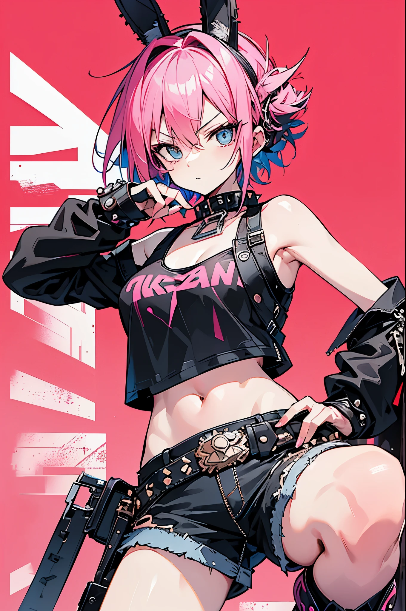 Best image quality,(best quality:1.1),(ultra-detailed:1.1), cowboy shot, (one woman, punk fashion woman, pink spiky hair, other shaved, sharp eyes, sparkling blue eyes, glaring expression), (black leather jacket with lots of studs, short pink tank top, rabbit illustration, low-rise denim shorts with visible belly button, black work boots), dynamic pose, dynamic angle, red stucco wall background,