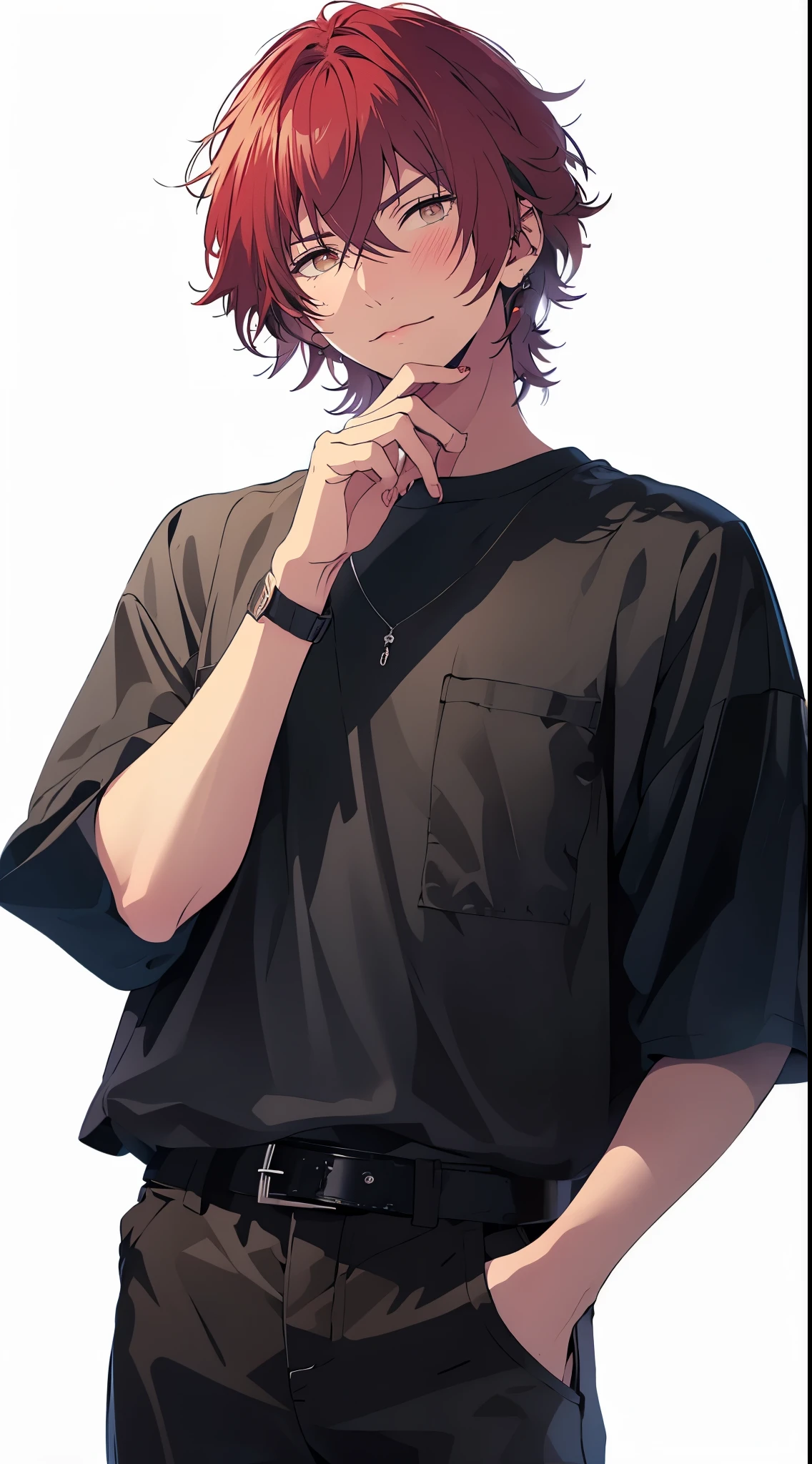 Manly, cool, Beautiful young man, 19 years old, with red hair, shoulder length hair, gray eyes, White background, standing picture, and slanted pupils,high quality, amount of drawing, pixiv illustration