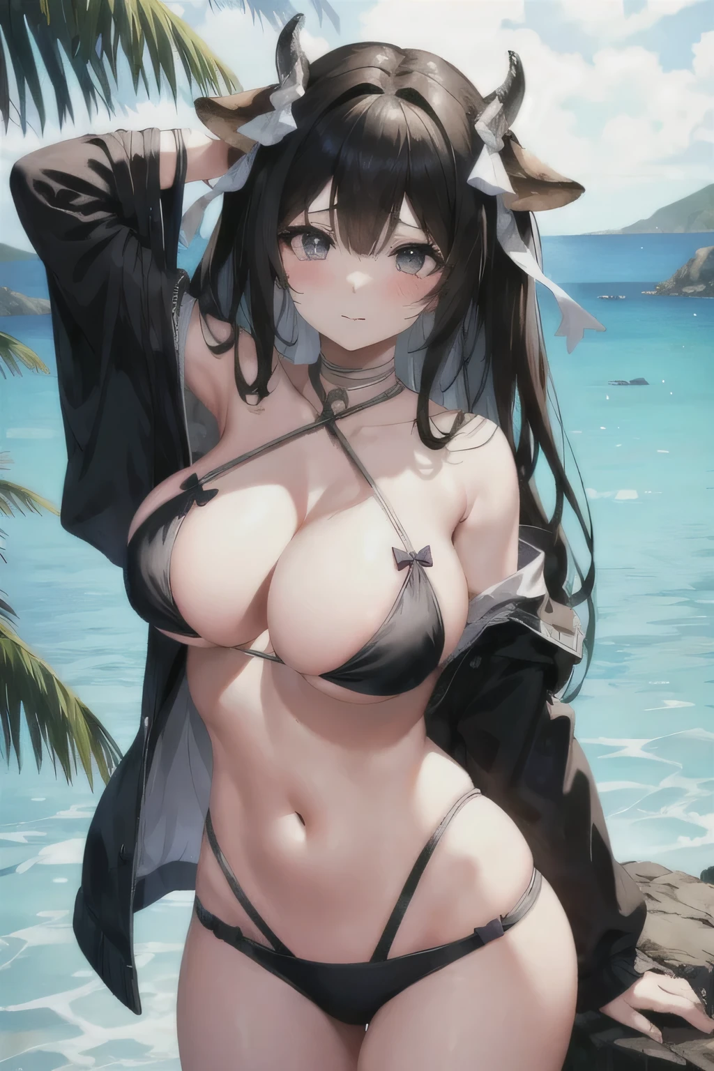 large breasts, 1girl,solo,, blush, kashino, black hair,standing,cowboy shot, bikini, island, huge breasts, large breasts, tiny bikini