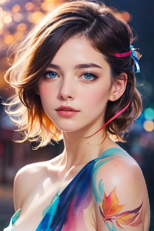 (8k, best quality, masterpiece:1.2),(best quality:1.0), (ultra highres:1.0), watercolor, a beautiful woman, shoulder, hair ribbons, by agnes cecile, half body portrait, extremely luminous bright design, pastel colors, (ink:1.3), autumn lights