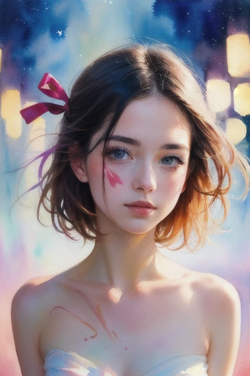 (8k, best quality, masterpiece:1.2),(best quality:1.0), (ultra highres:1.0), watercolor, a beautiful woman, shoulder, hair ribbons, by agnes cecile, half body portrait, extremely luminous bright design, pastel colors, (ink:1.3), autumn lights