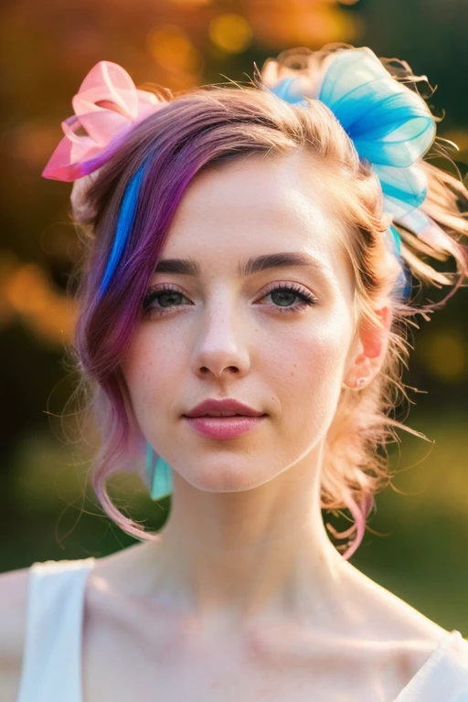 (8k, best quality, masterpiece:1.2),(best quality:1.0), (ultra highres:1.0), watercolor, a beautiful woman, shoulder, hair ribbons, by agnes cecile, half body portrait, extremely luminous bright design, pastel colors, (ink:1.3), autumn lights