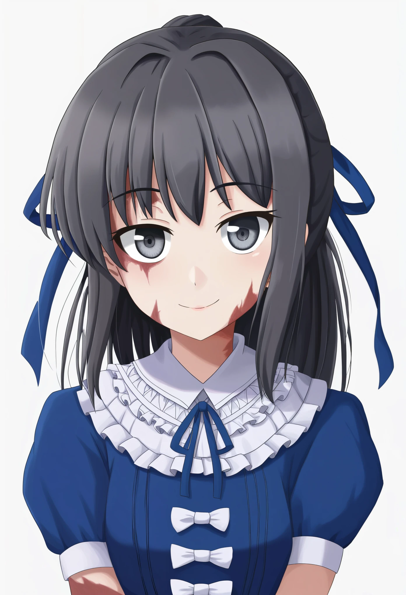 source anime, score_9, score_8_up, score_7_up, score_6_up, (Masterpiece, best quality), a young girl standing, looking at viewer, burn scars, scars, black hair and gray eyes, long hair, tied in a ponytail with a blue ribbon, wearing a Victorian blue dress, white frills, head tilt, innexpressive, light smile, kind, closed mouth, upper body, white background, simple background, petit