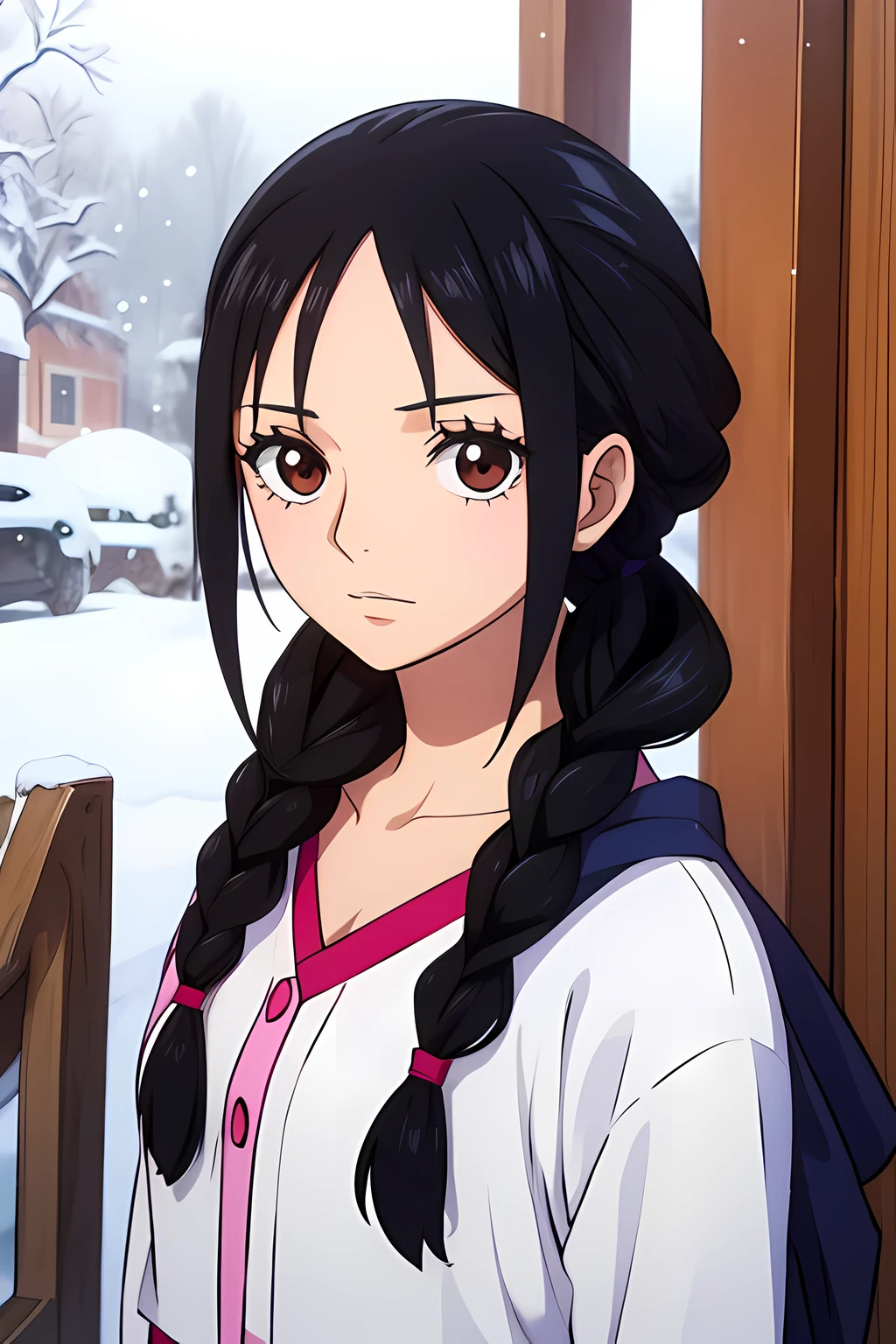 Animated, Fille, cheveux noirs, Tresser, visage mature, yeux marrons, dressed in winter, Peinture 