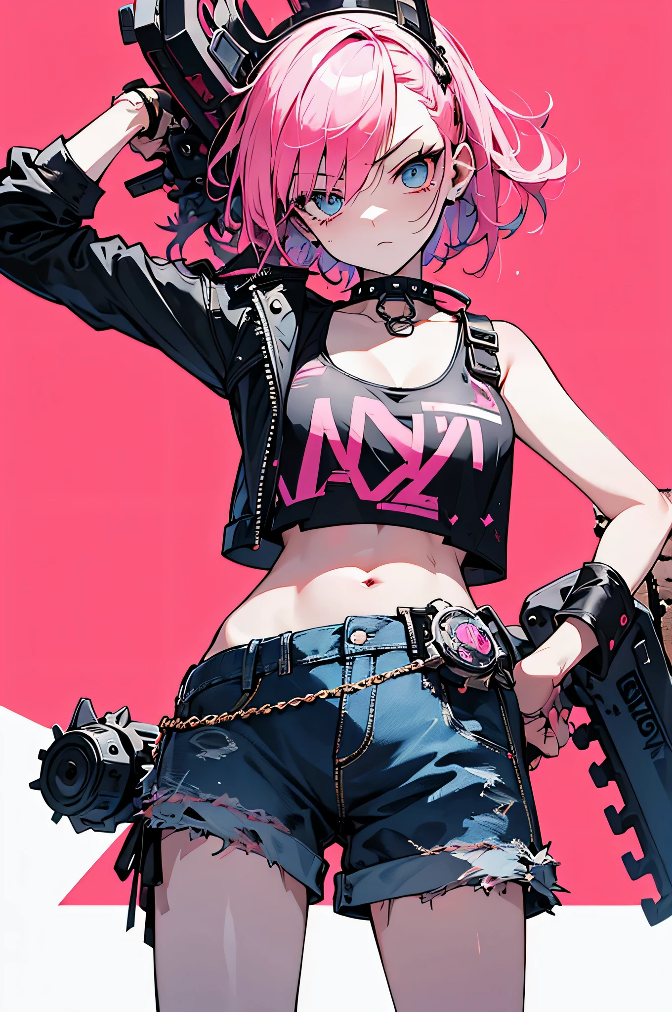 best image quality,(highest quality:1.1),(Super detailed:1.1), cowboy shot, (one woman, Women in punk fashion, pink spiky hair, Other shaving, clear eyes, shining blue eyes, Glaring expression), (black leather jacket with lots of studs, pink short tank top, Rabbit illustration, Low-rise denim shorts that show your belly button, Black work boots), (have a chainsaw),dynamic pose, dynamic angle, red plaster wall background,