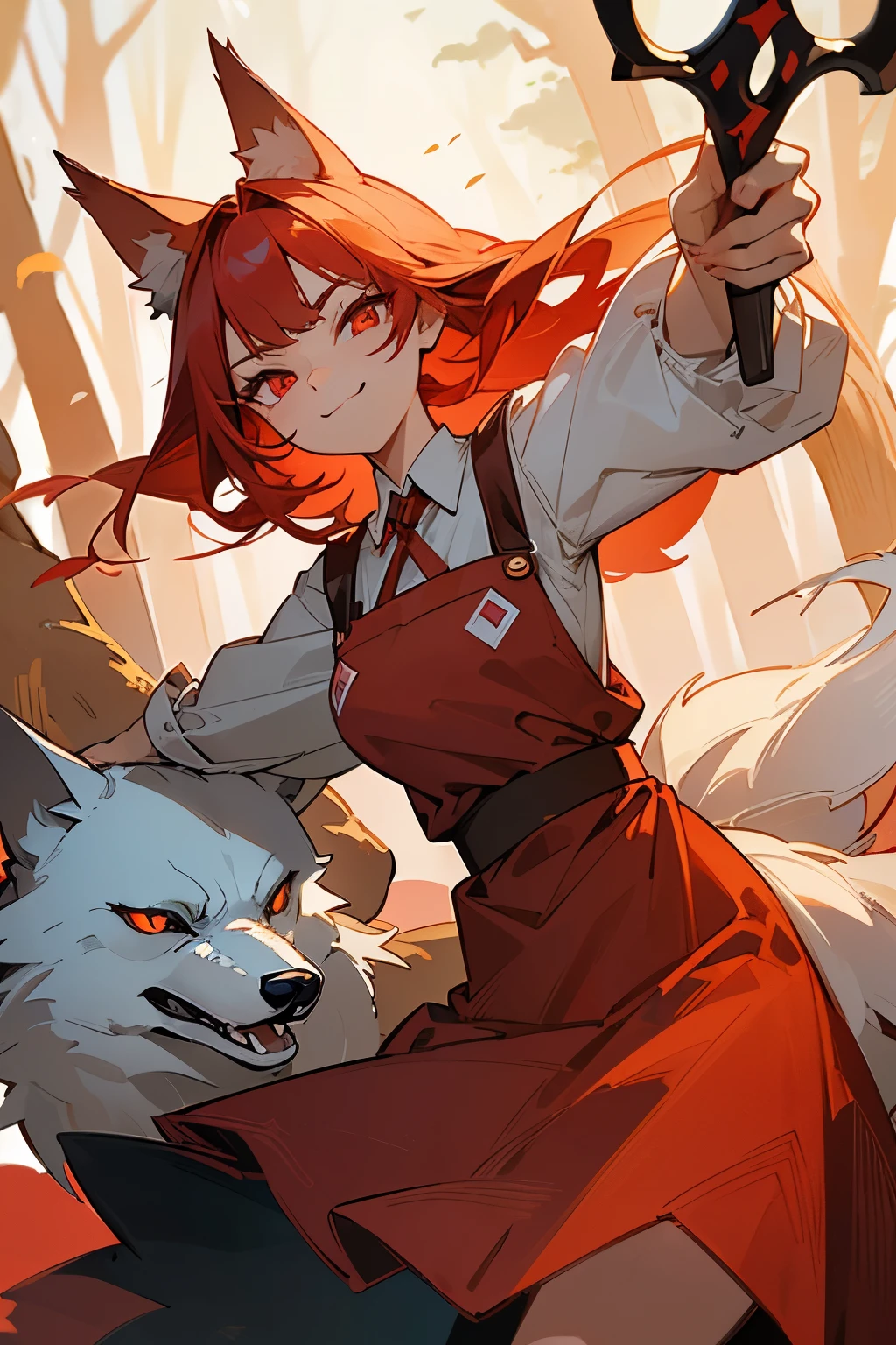 Beautiful illustration, (nice face), (crazy smile), ((Beautiful forest background)), ((trump card frame)), (Weapon scissors), ((Single)), (Gradient red eye), (Best quality), ((Girl in red)), , (Wear red apron clothes), (Generous hair), Red pointed end, (Perfect anatomy), ((wolf)), (tail), Masterpiece,(Ah), ((Rolling eyes)), (Mouth closure )