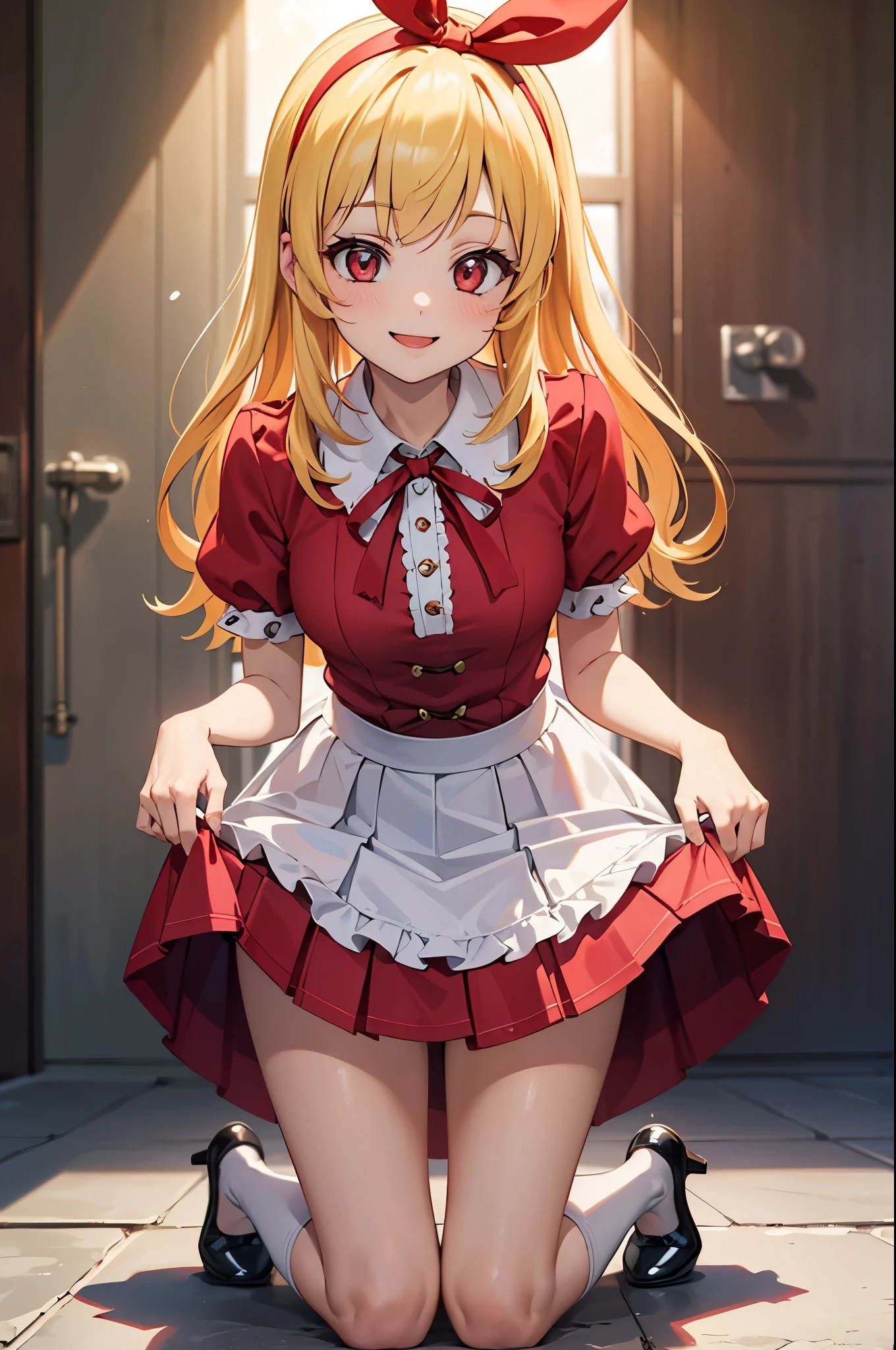 (RED Ribbon on HAIRband:1.2),((((face focus)))),(((((1 girl))))),((((ultra detailed)))),(((best quality))),(((masterpiece))), ((extremely detailed CG)),((unity 8k wallpaper)),(((strong light))),(one with red_color maid costume),(cute panty),((very blush)),(((very happy smile))),(Blonde hair),,((leaning forward)),(in the park),((kneeling)),((((skirt lift)))),((red color panty)),(pointy_groin,from below),panty_shot