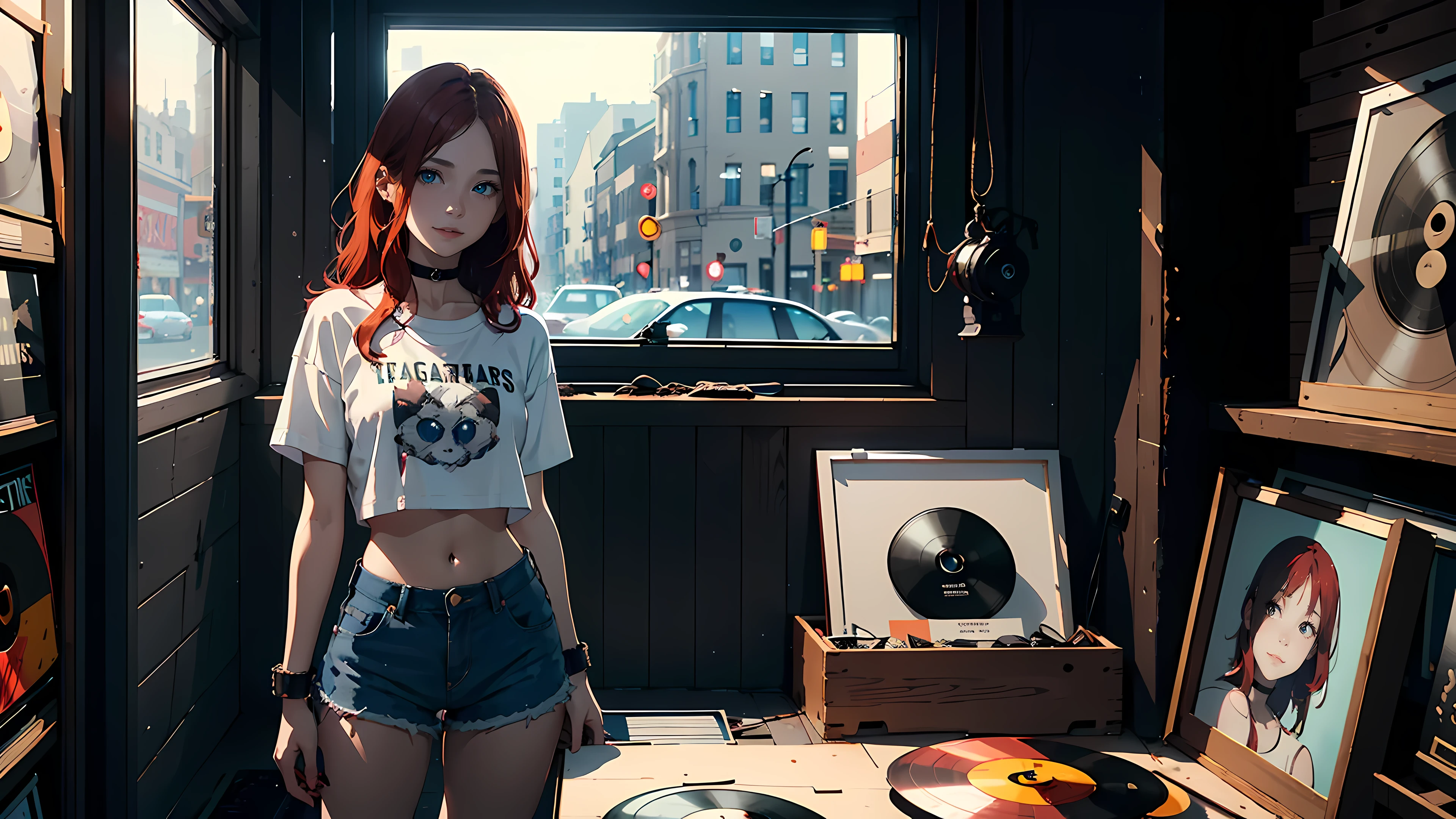 ((1girl)), 18 year old girl, long red hair, big sad eyes, sweet smile, small breasts, choker collar, wrist cuffs, white t-shirt, bare midriff, jean shorts, standing, open door, open window, record store, records, vinyl, evening, nighttime, dramatic lighting, cinematic lighting, masterpiece, best quality